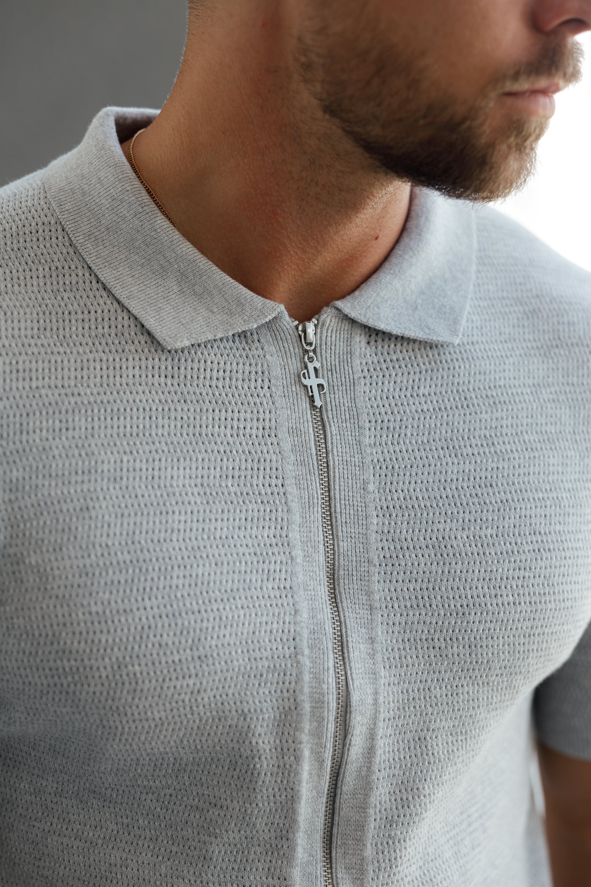Classic Knitted Textured Design With Full Length Zip Light Grey Short Sleeve - FSN154