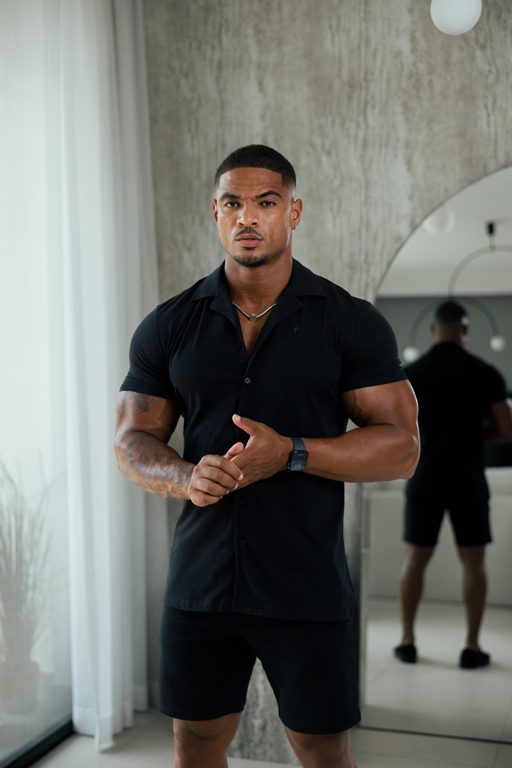 Stretch Black Pique Revere Shirt Short Sleeve - FSH1067