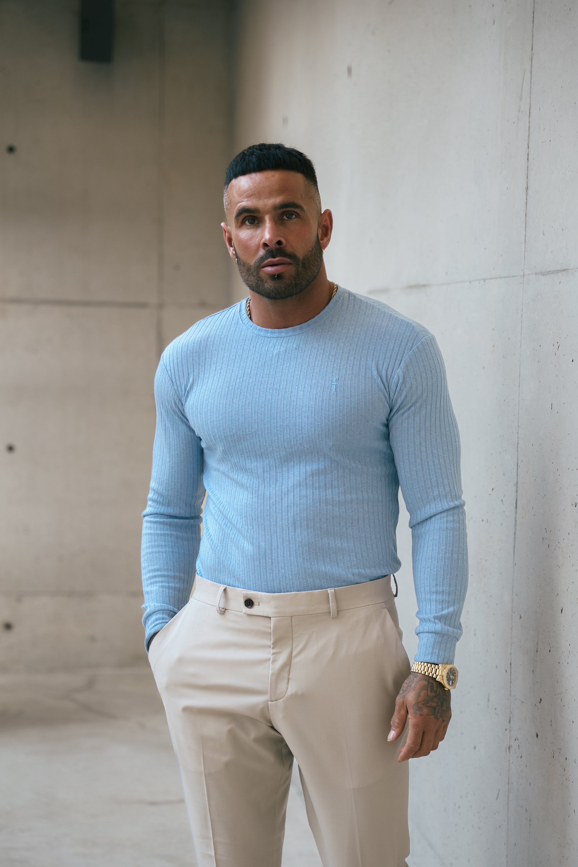 Classic Light Blue Ribbed Knit Jumper With Tonal Embroidery - FSH1286