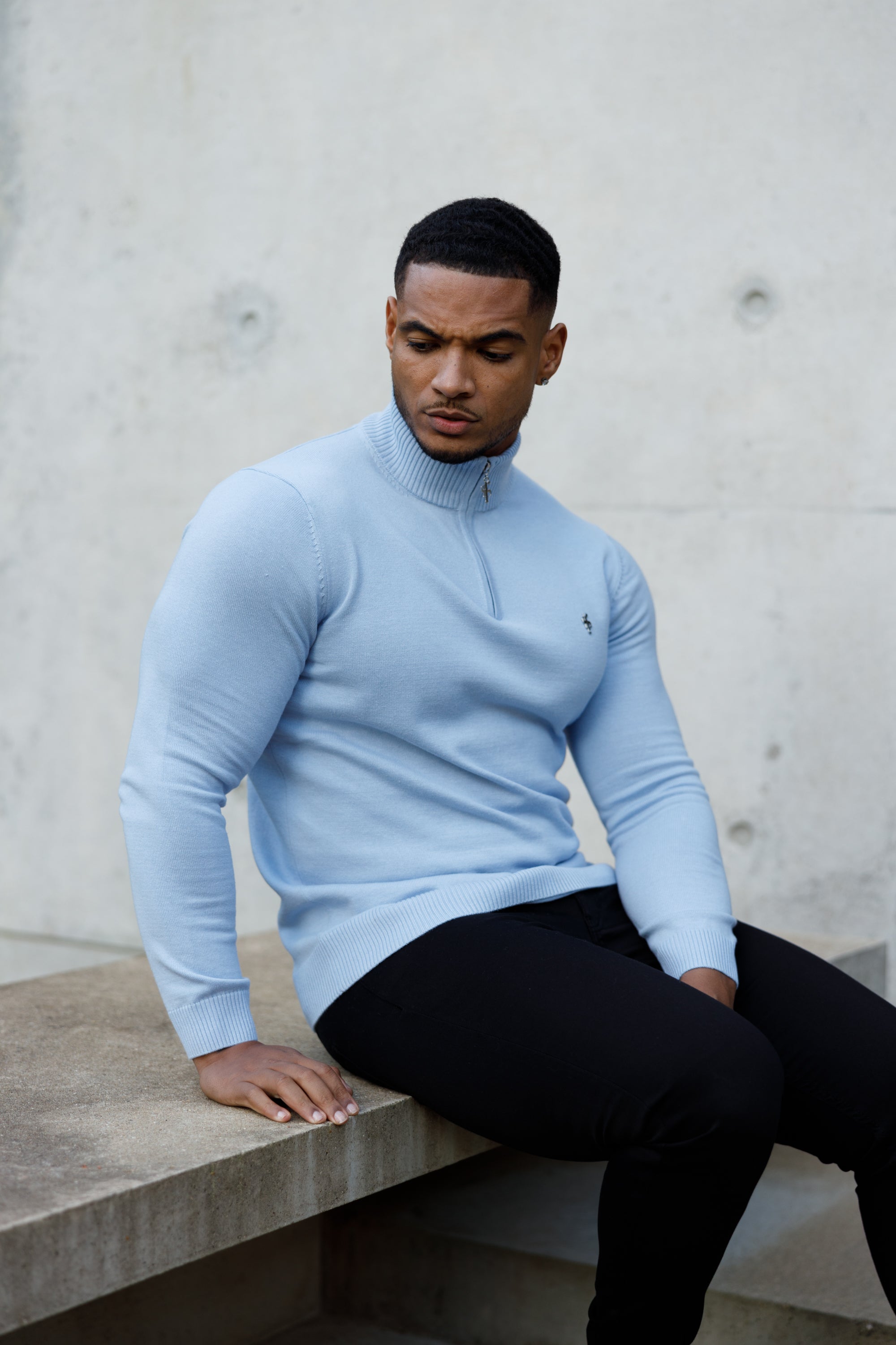 Light Blue Funnel Neck 1/2 Zip Knitted Jumper - FSN119
