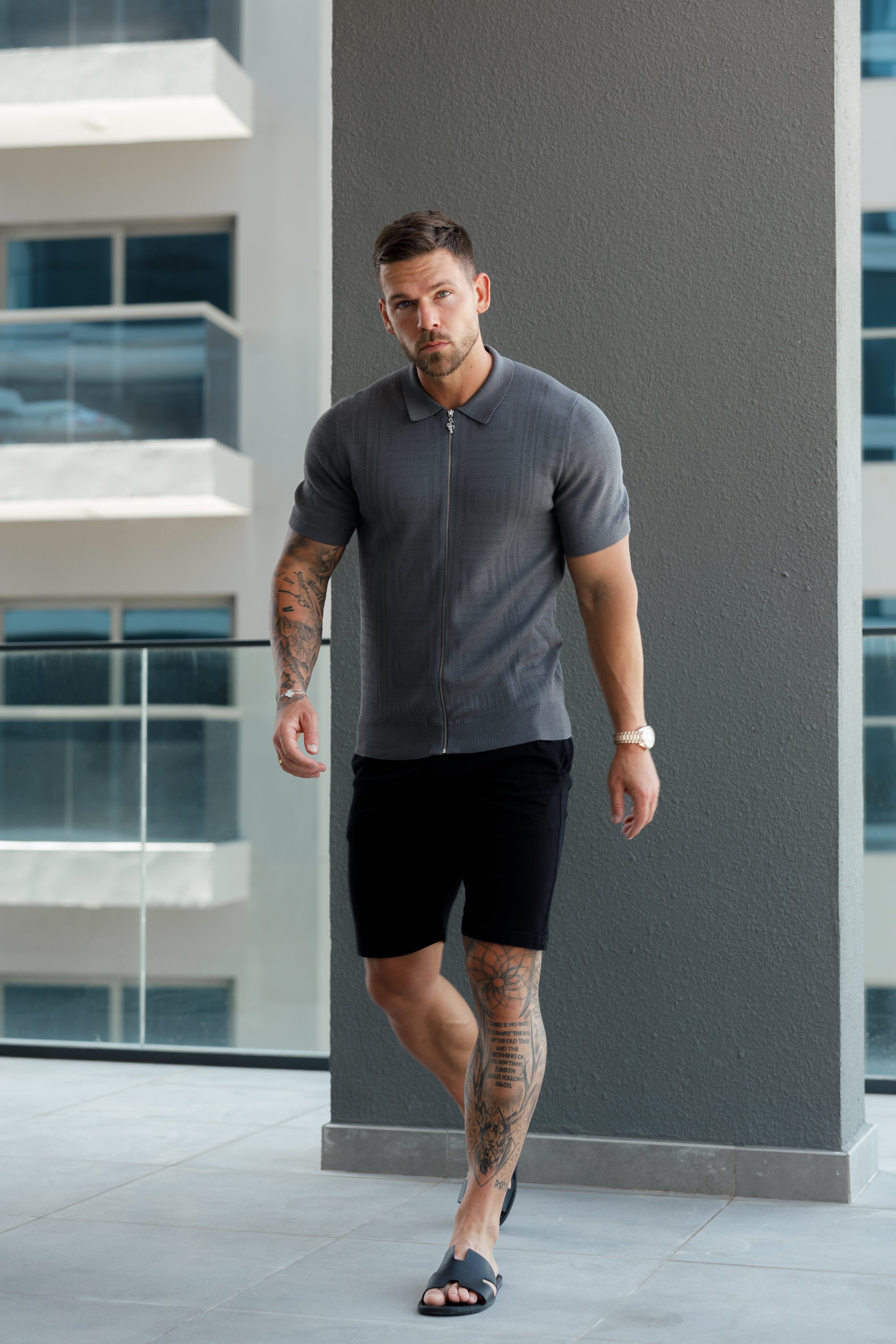 Classic Knitted Geo Design With Full Length Zip Gunmetal Short Sleeve - FSN150
