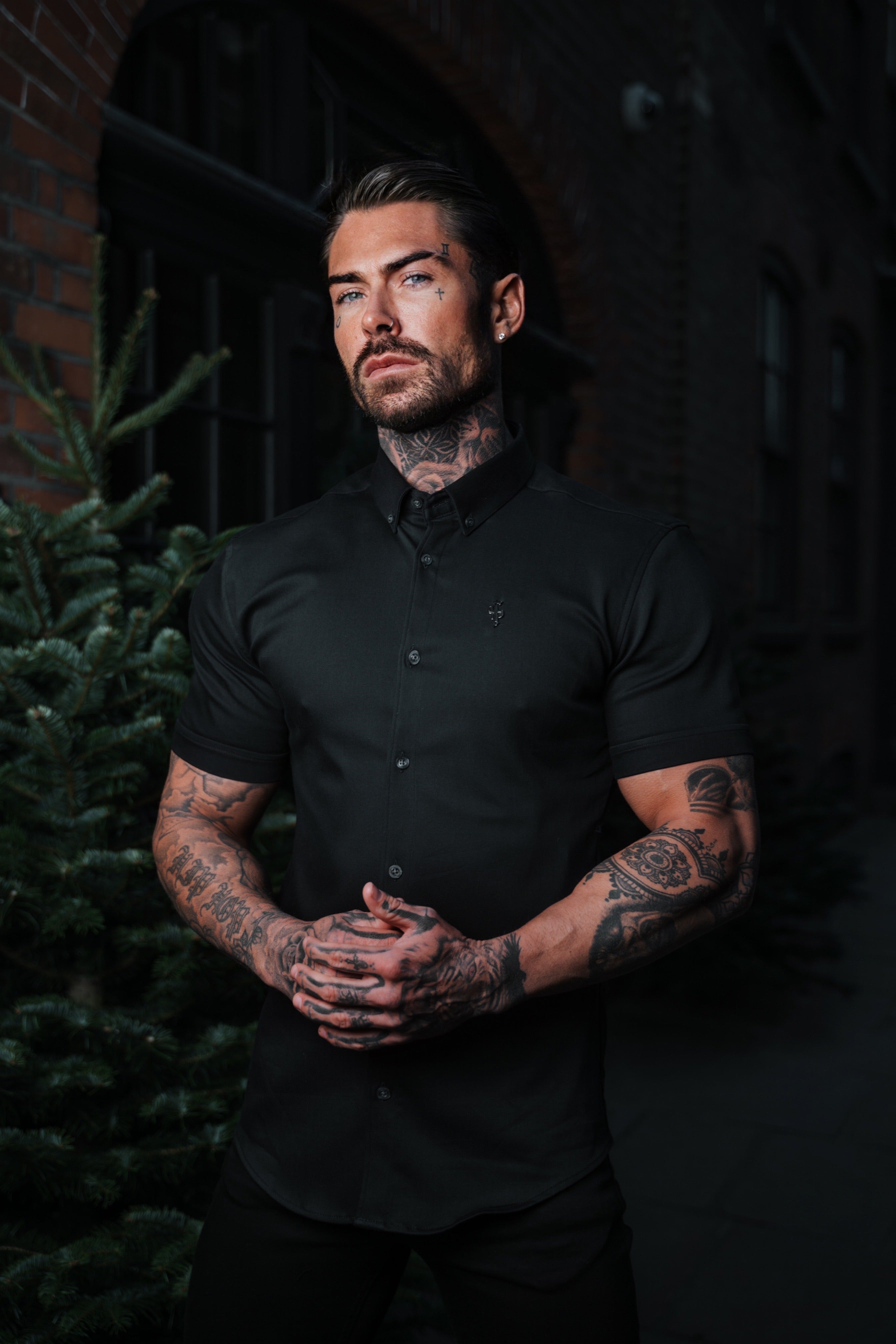 Super Slim Stretch Black Denim Short Sleeve with Metal Decal Emblem - FS643