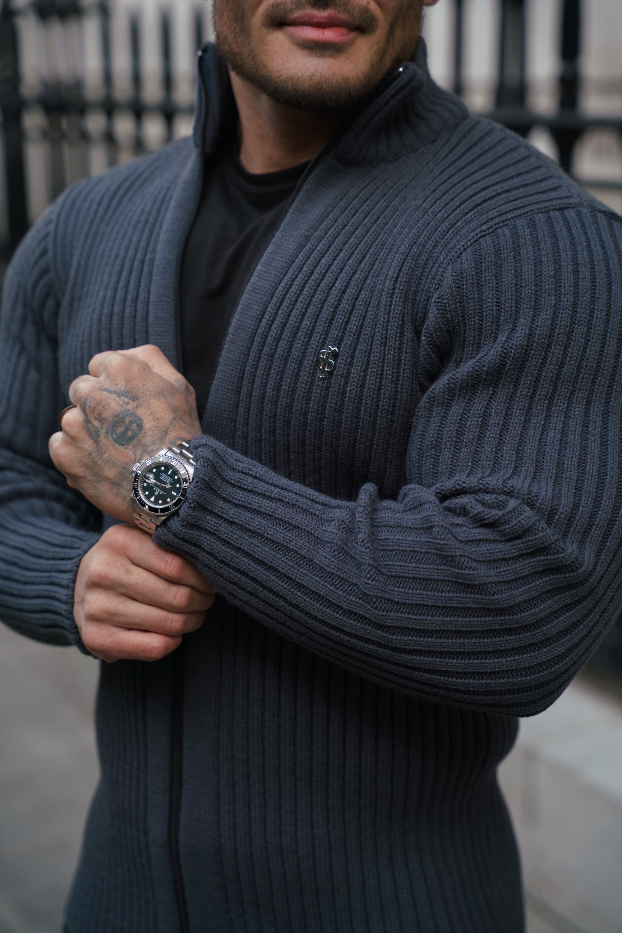 Chunky Gunmetal Ribbed Zipped Cardigan - FSJ072