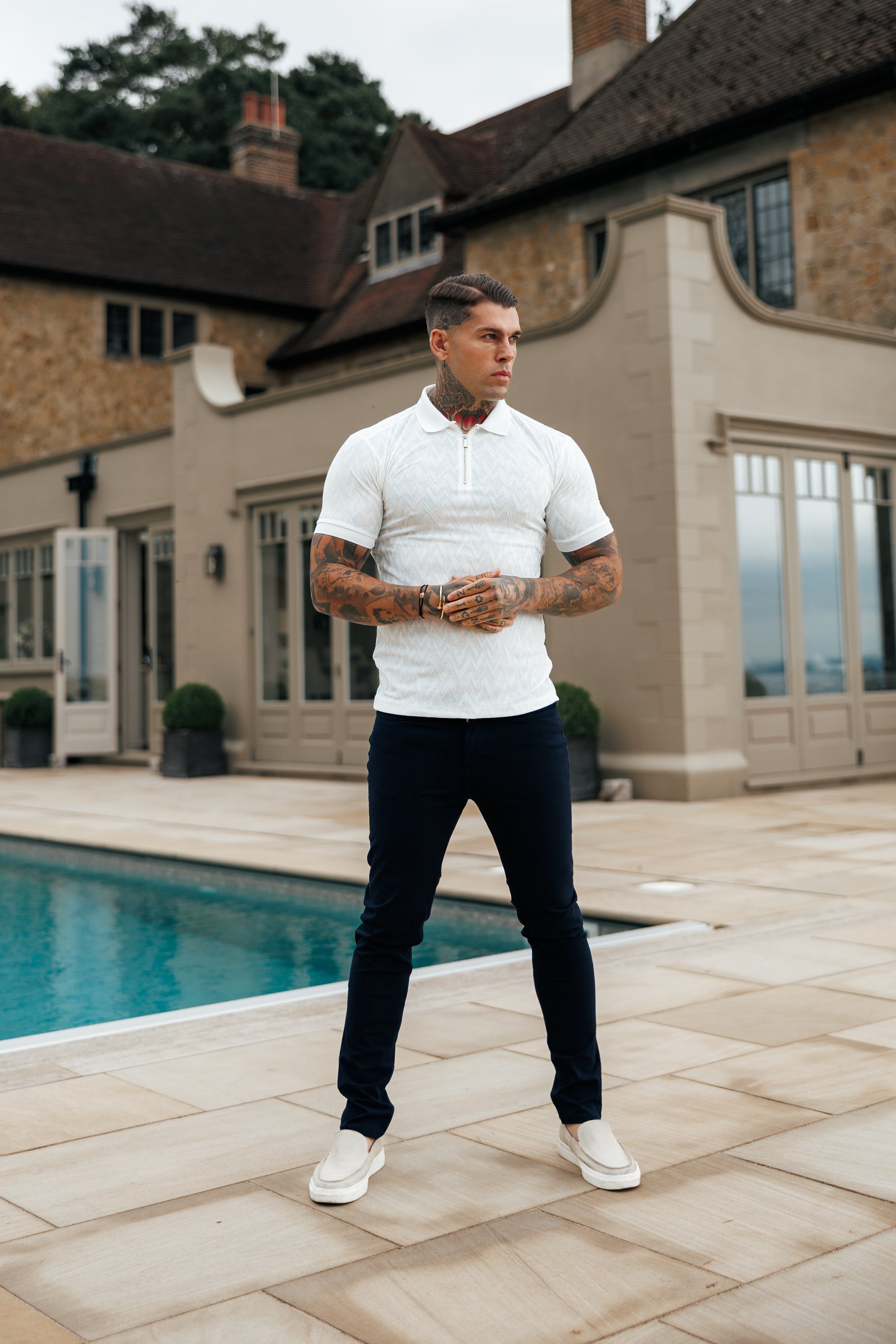 Classic Jacquard White Chevron Zipped Polo - FSR020