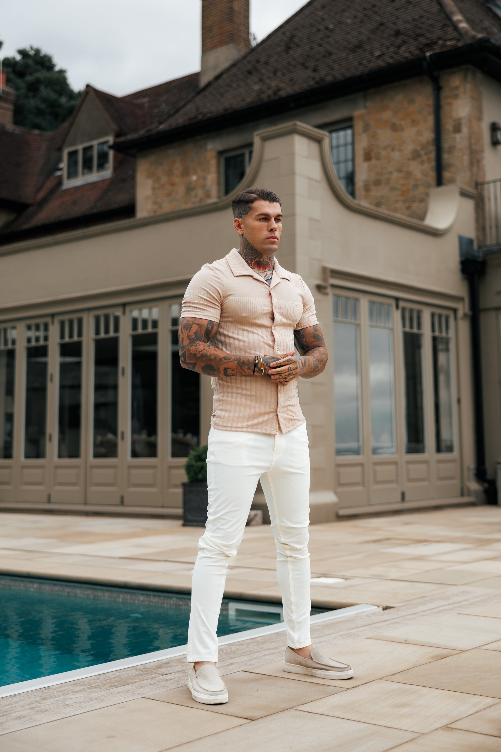 Jersey Revere Vertical Stripe Beige Shirt Short Sleeve - FSR026