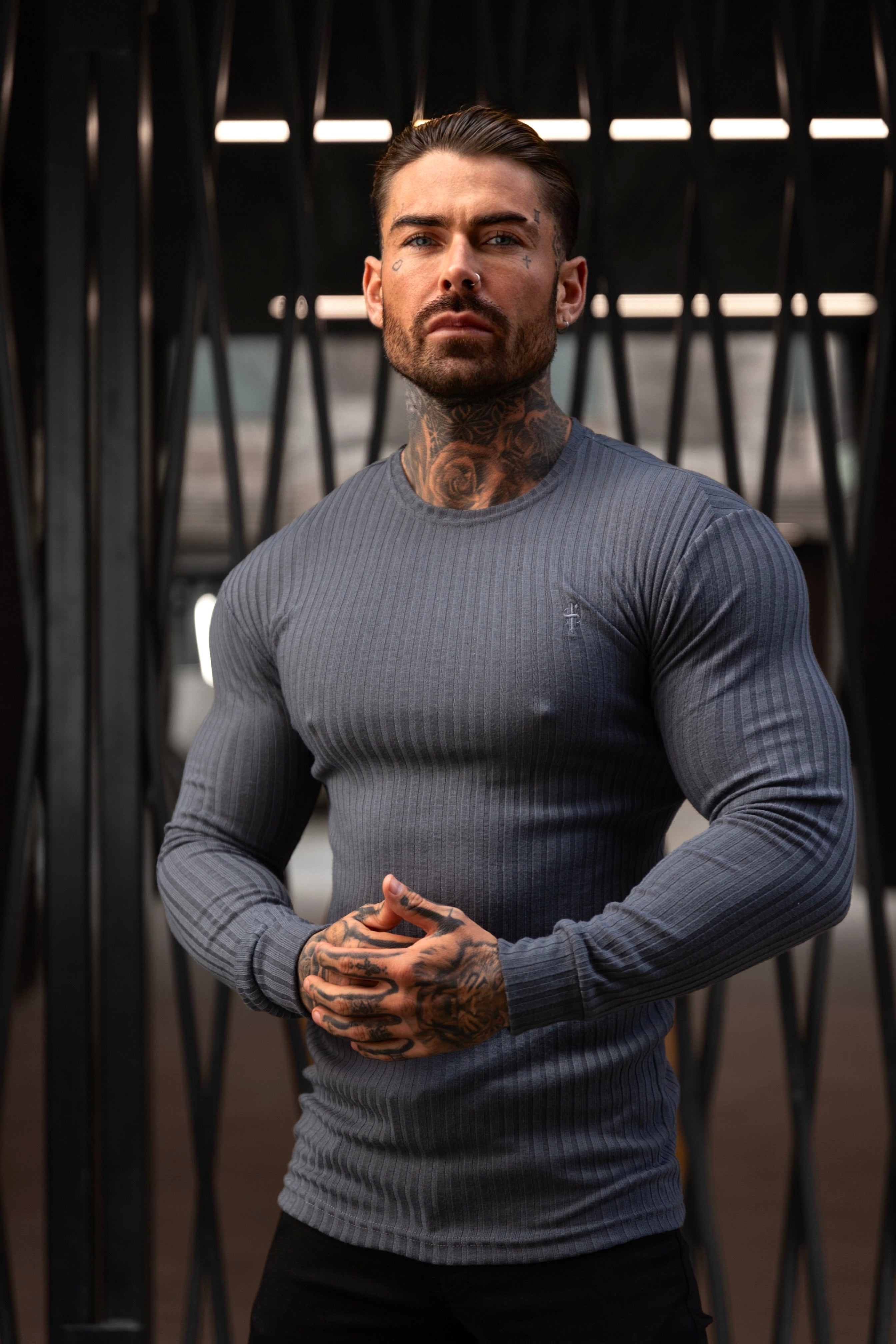 Classic Charcoal Ribbed Knit Jumper With Tonal Embroidery - FSH946