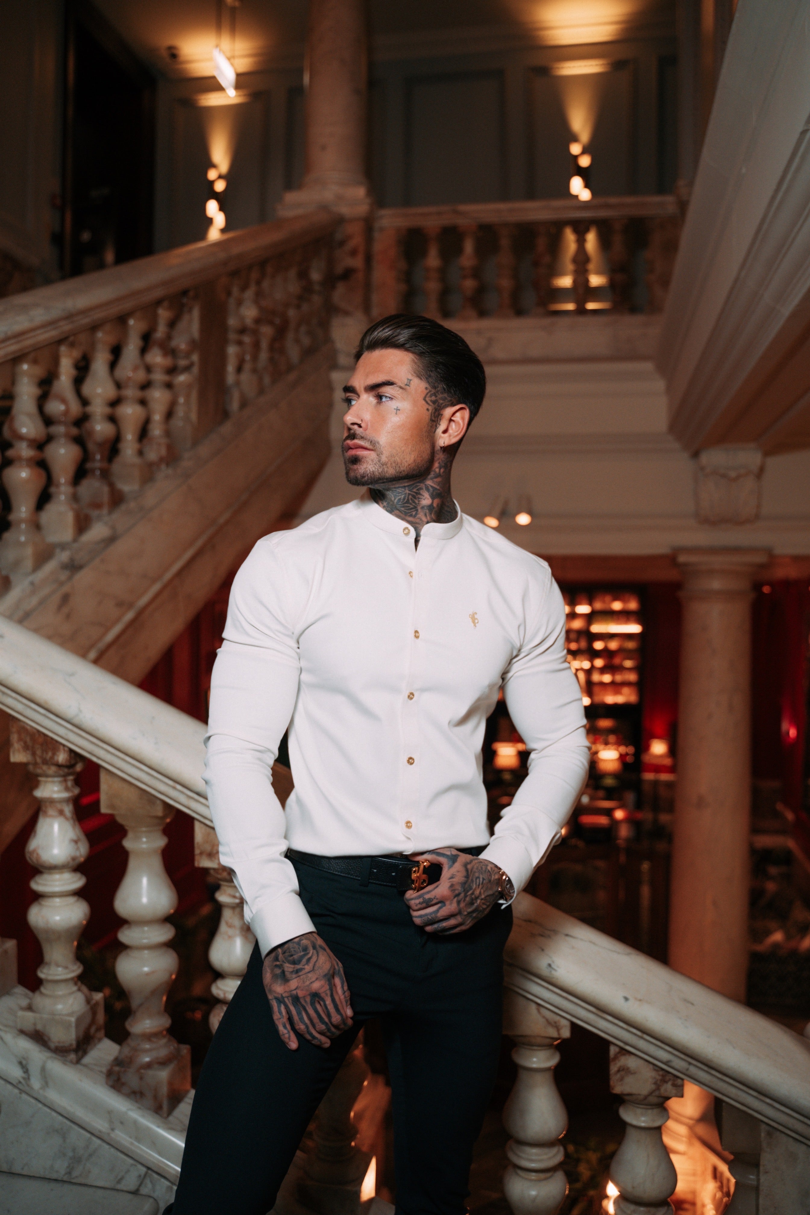 Super Slim Stretch Cream Denim Long Sleeve With Grandad Collar and Gold Metal Buttons and Decal - FS970