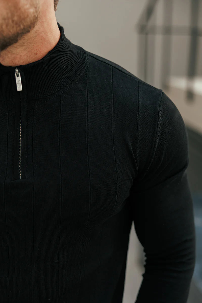 Self Stripe 1/4 Zip Funnel Neck Knit Jumper Black Long Sleeve - FSR050