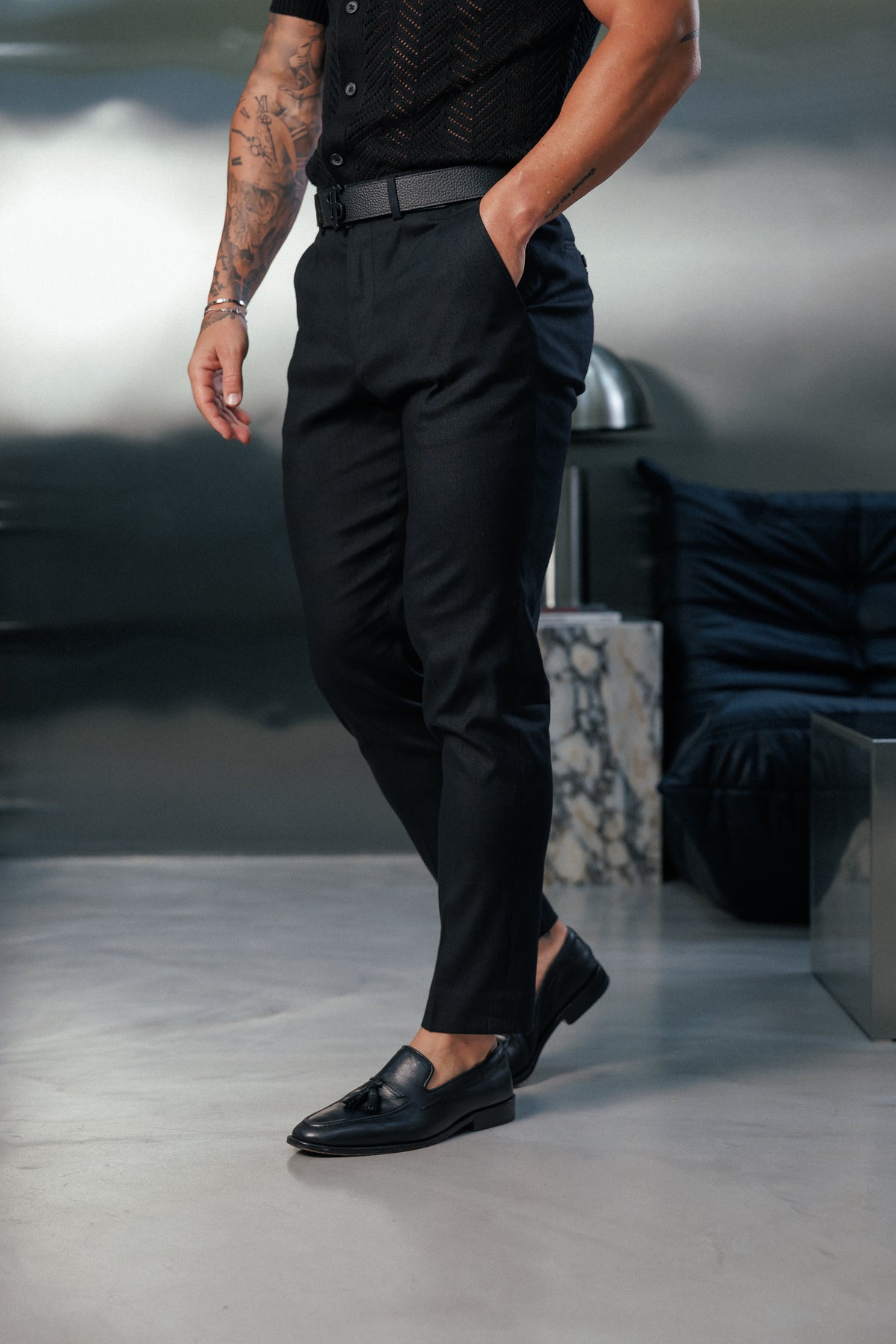 Slim Formal Black Linen Trousers With Belt Loops - FST048