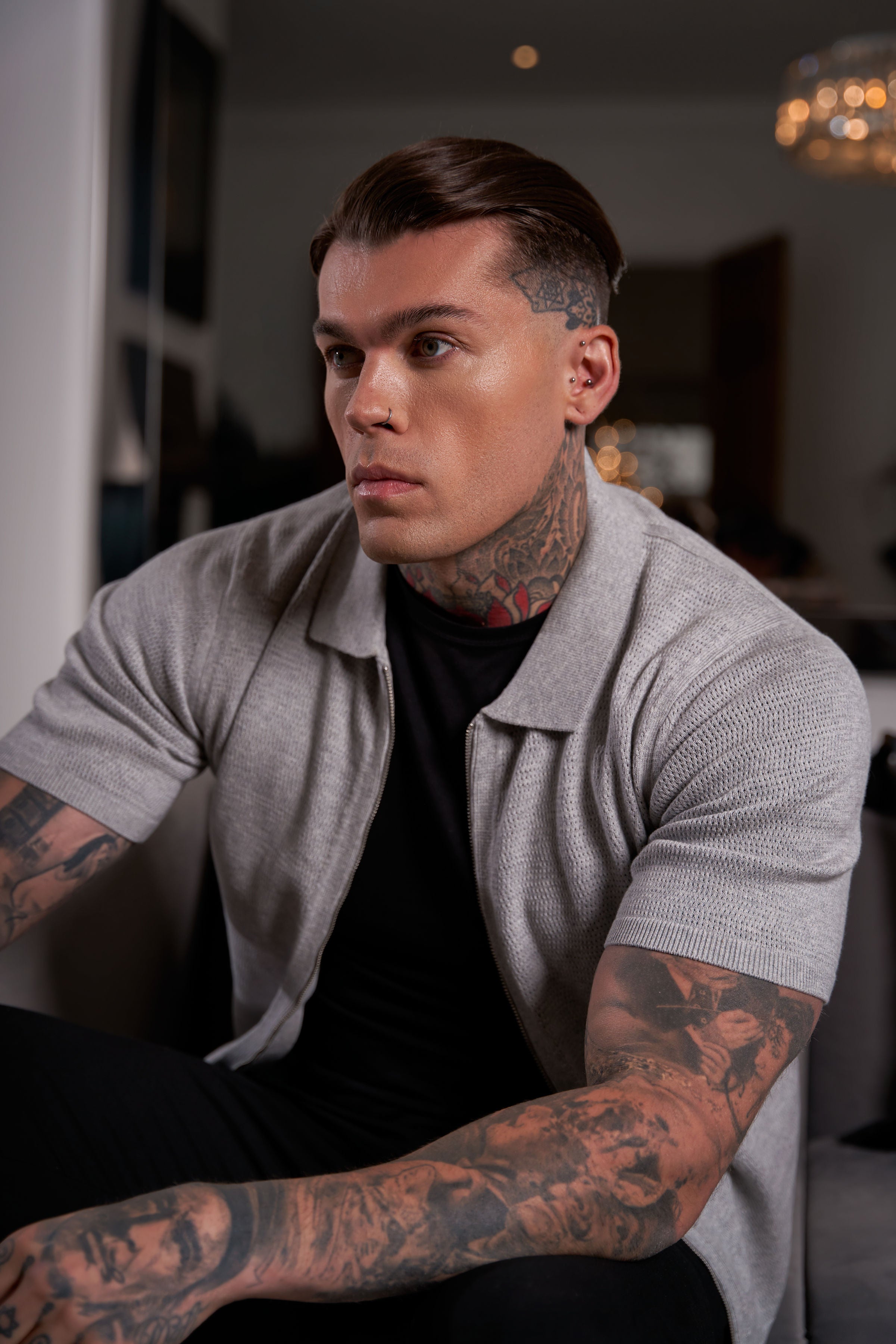 Classic Knitted Textured Design With Full Length Zip Light Grey Short Sleeve - FSN154