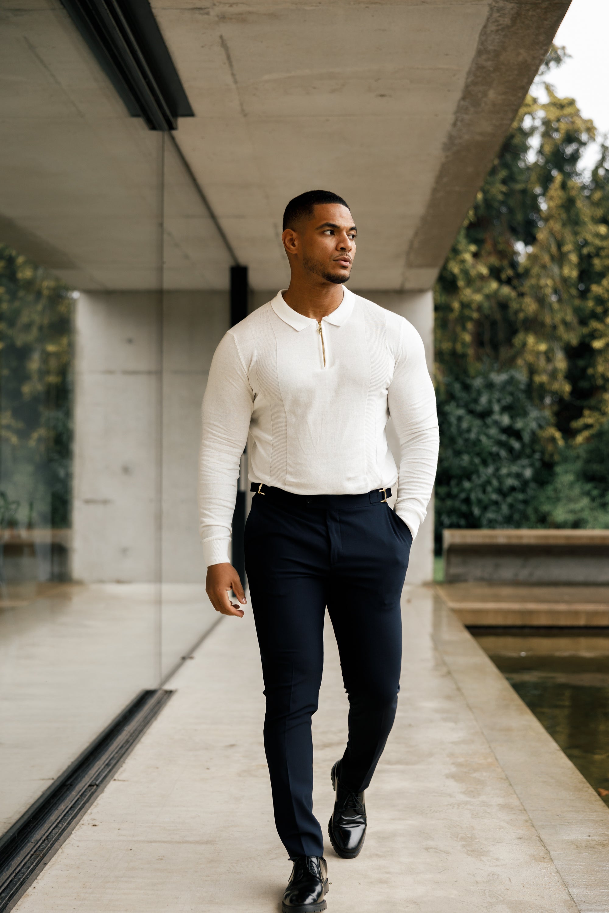 Classic White and Gold Zip Knitted Polo Shirt Long Sleeve - FSN125
