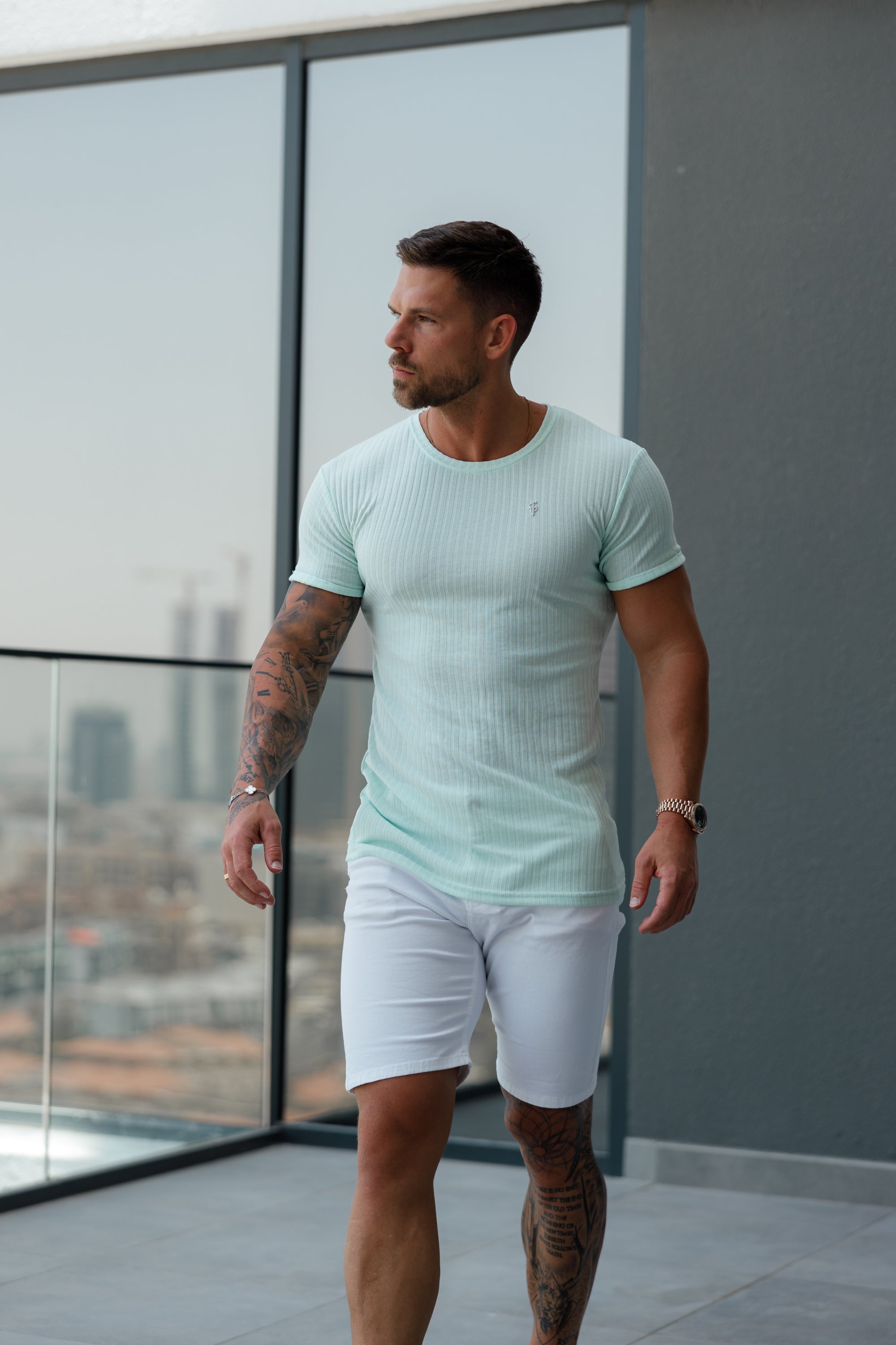 Classic Mint / Silver Ribbed Knit Super Slim Short Sleeve Crew - FSH1094