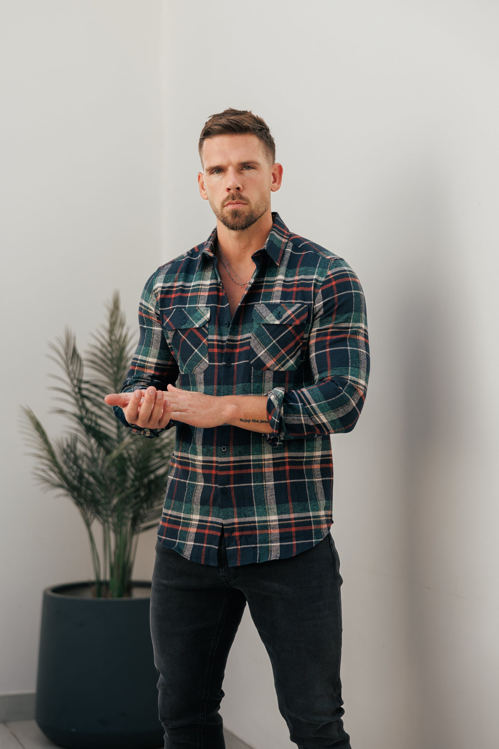 Navy / Green / Rust Check Shacket With Double Pockets - FS1198