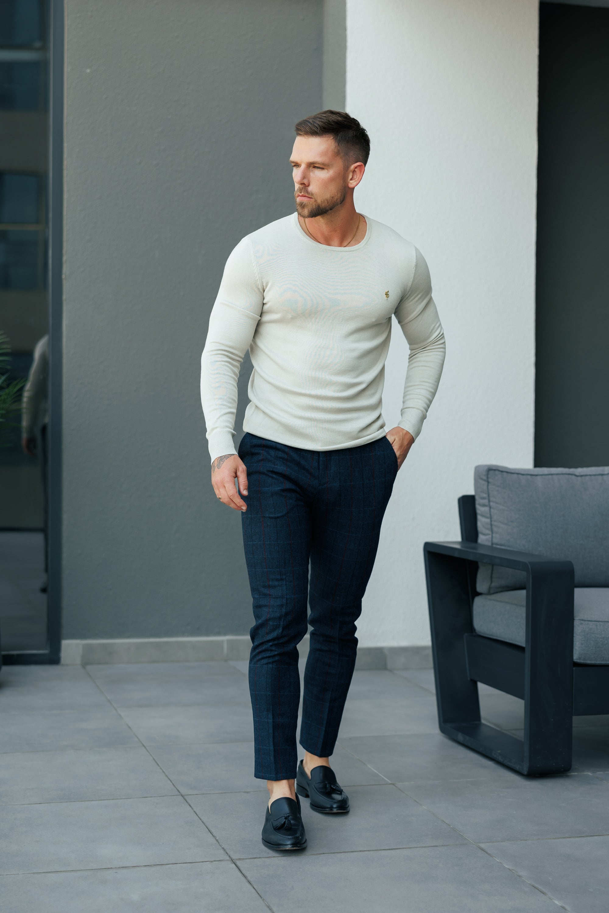 Relaxed Formal Navy / Burgundy Check Trouser - FSTR016