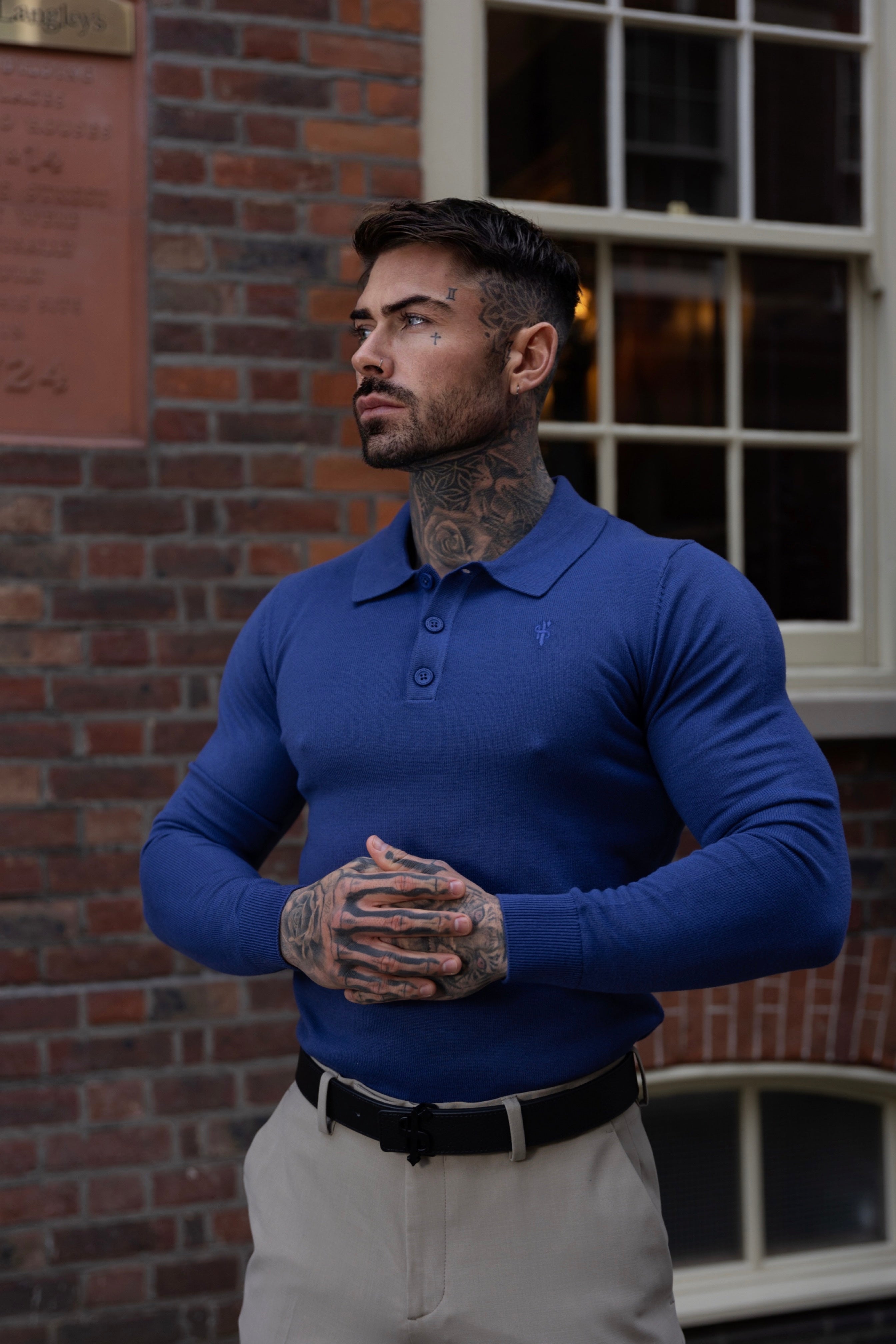 Classic Black Knitted Polo Jumper Long Sleeve With Tonal FS Embroidery - Cotton Acrylic
