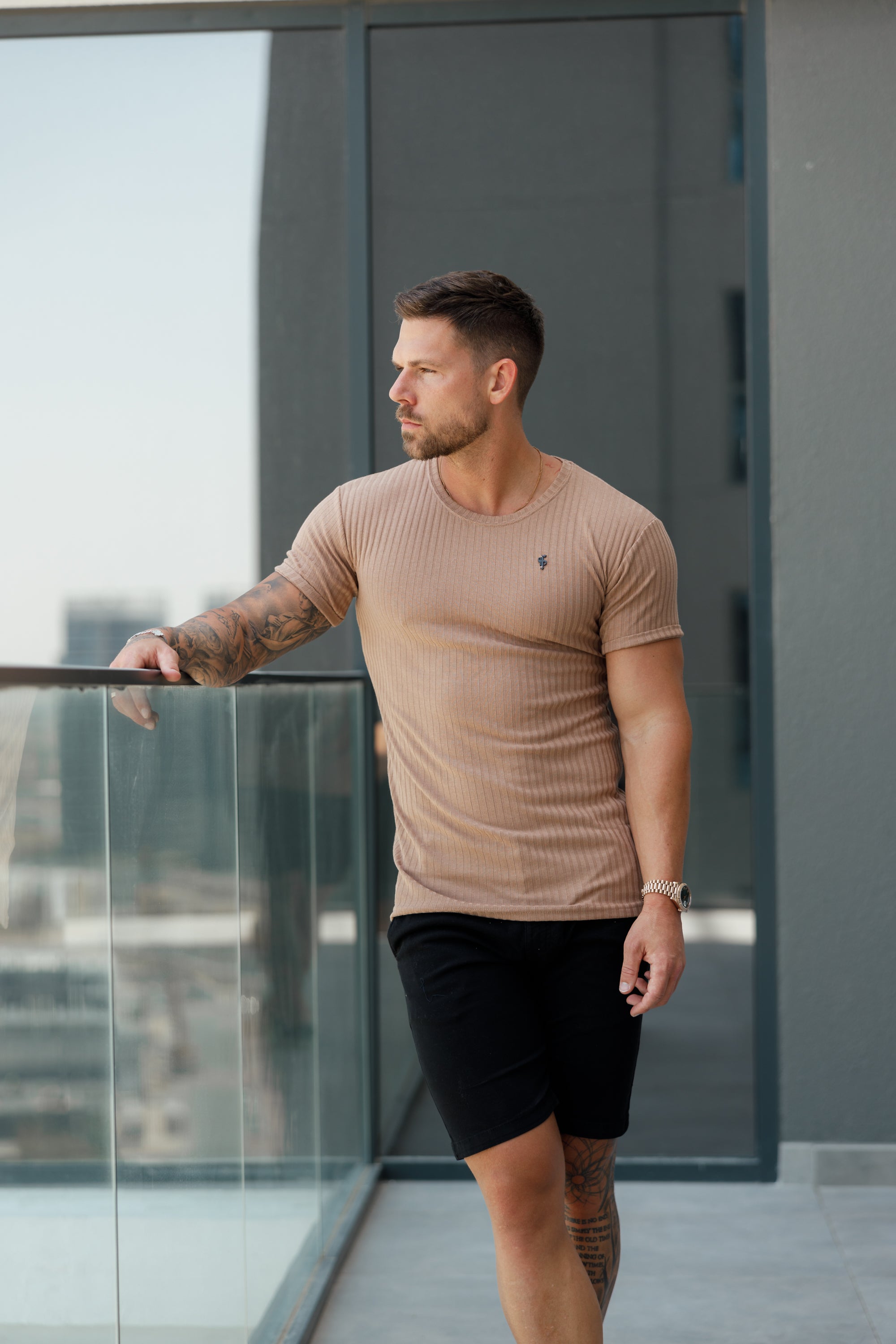 Classic Coffee / Black Ribbed Knit Super Slim Short Sleeve Crew T-Shirt - FSH1090