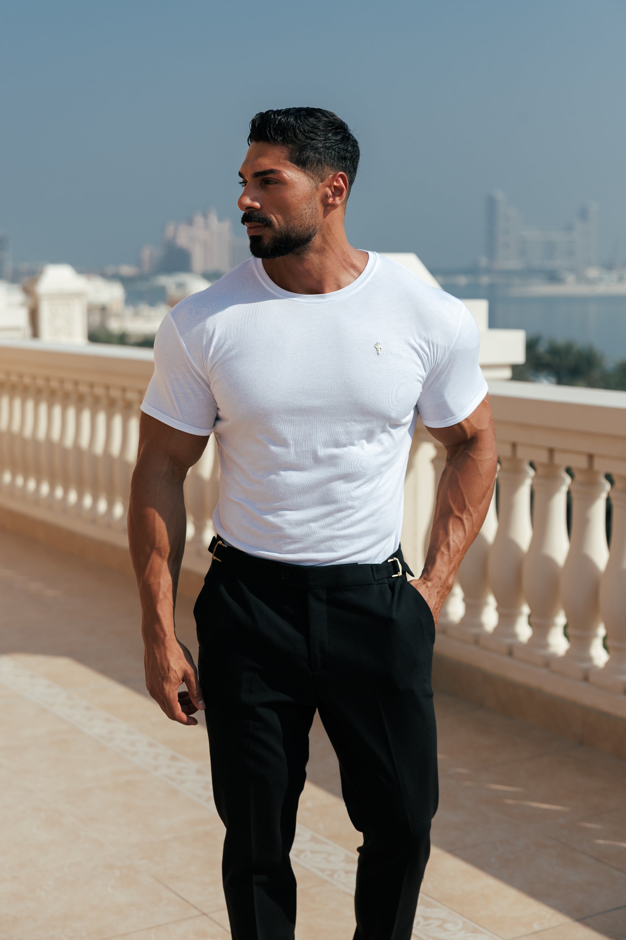 White Bamboo Crew Tshirt with Gold Metal Emblem Decal FSH1381
