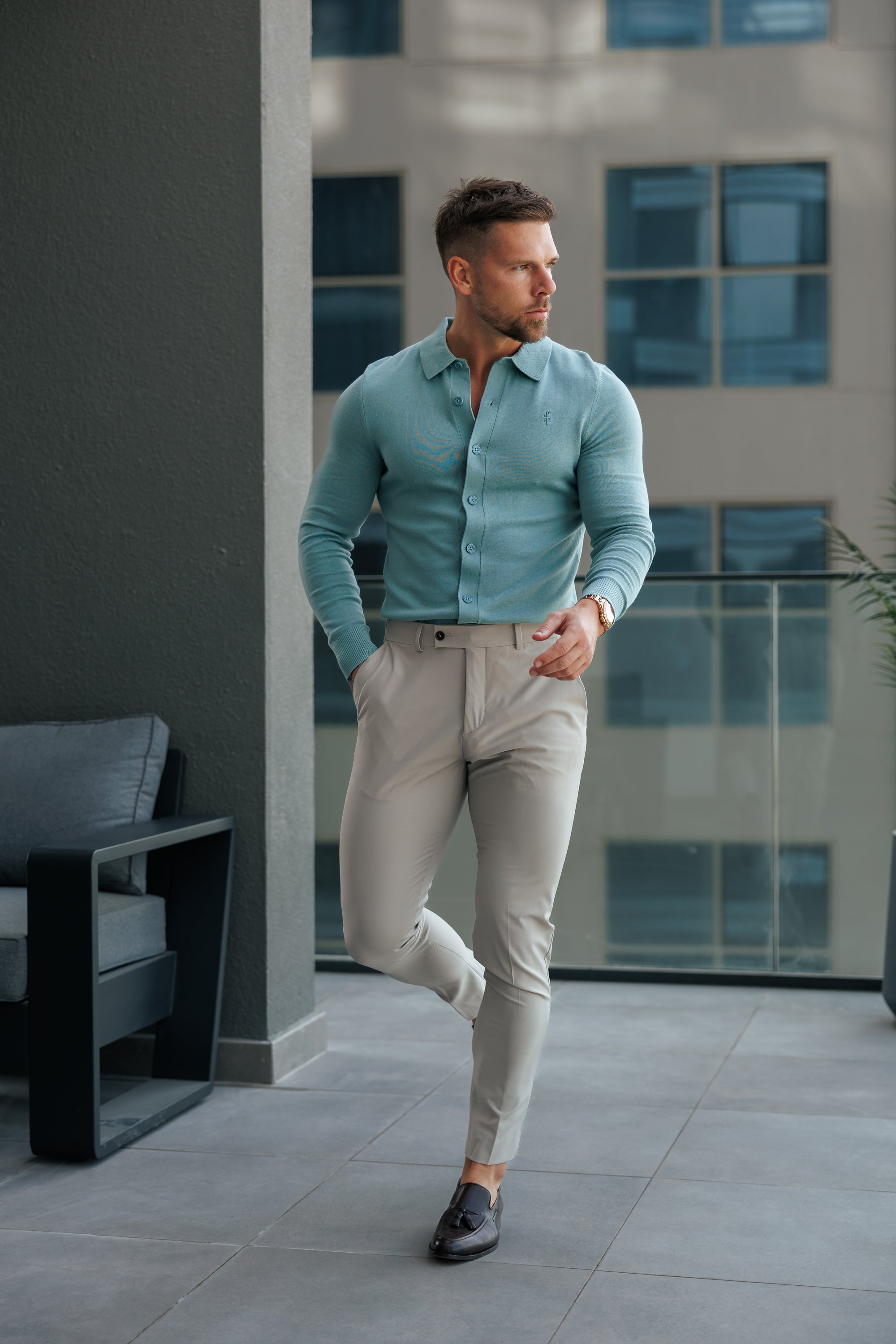 Classic Plain Teal Knitted Button Through Polo Long Sleeve - FSN213