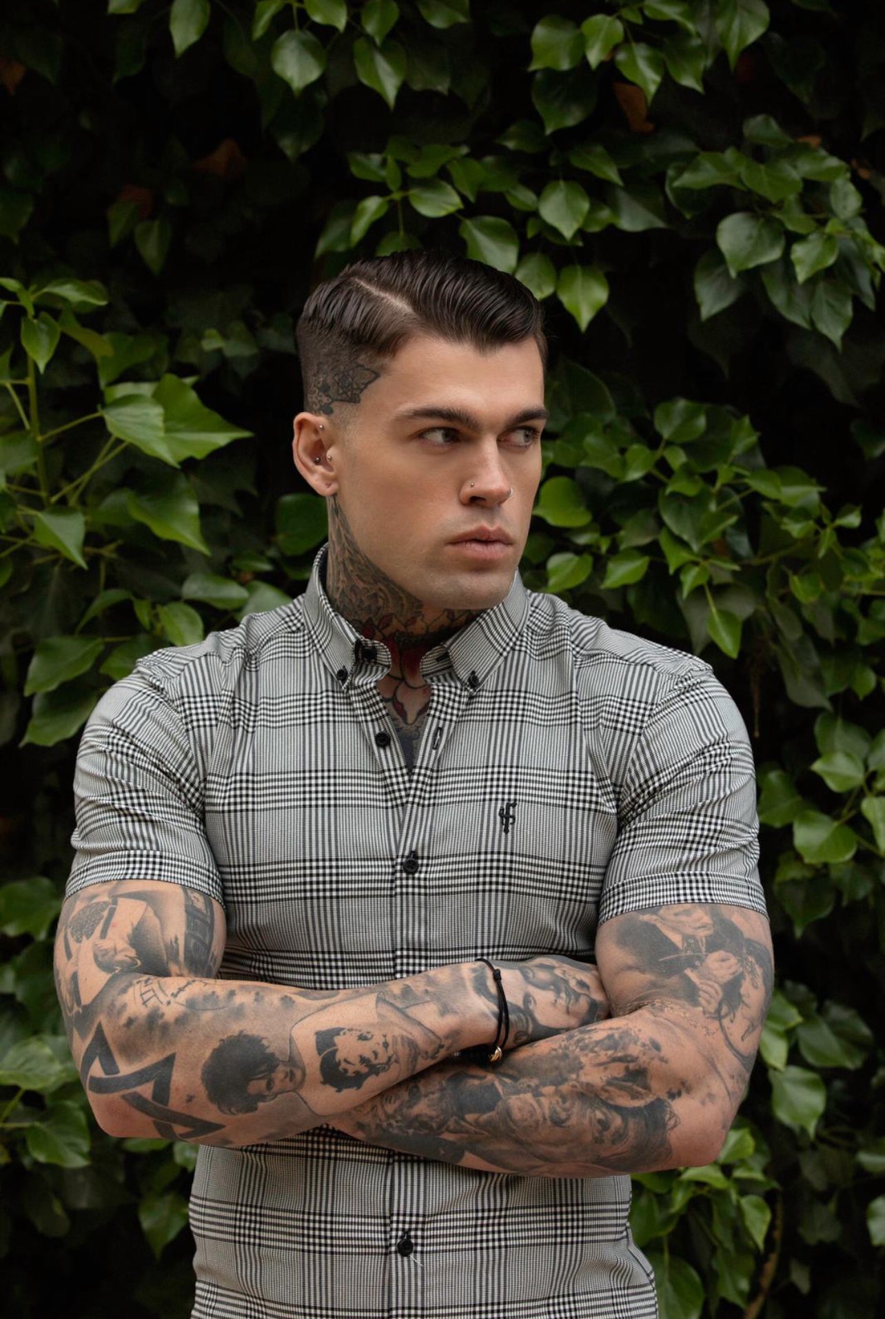 Super Slim Stretch Black and White Printed Check Short Sleeve - FS1047