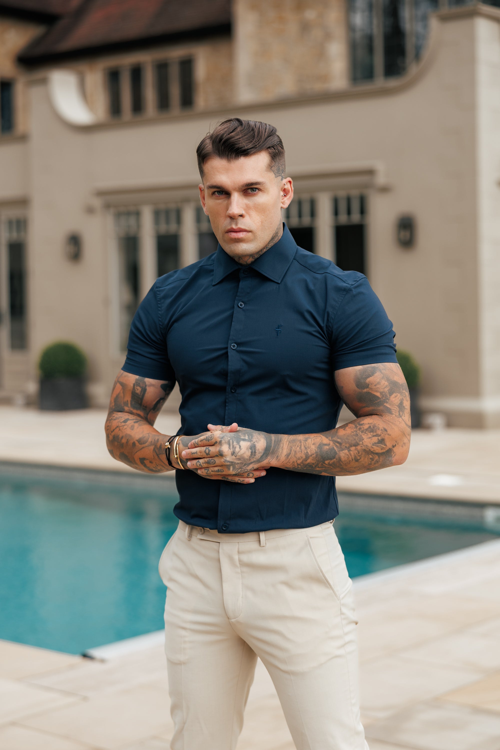 Muscle Fit Advanced Stretch Navy Short Sleeve with Cutaway Collar - FS1163
