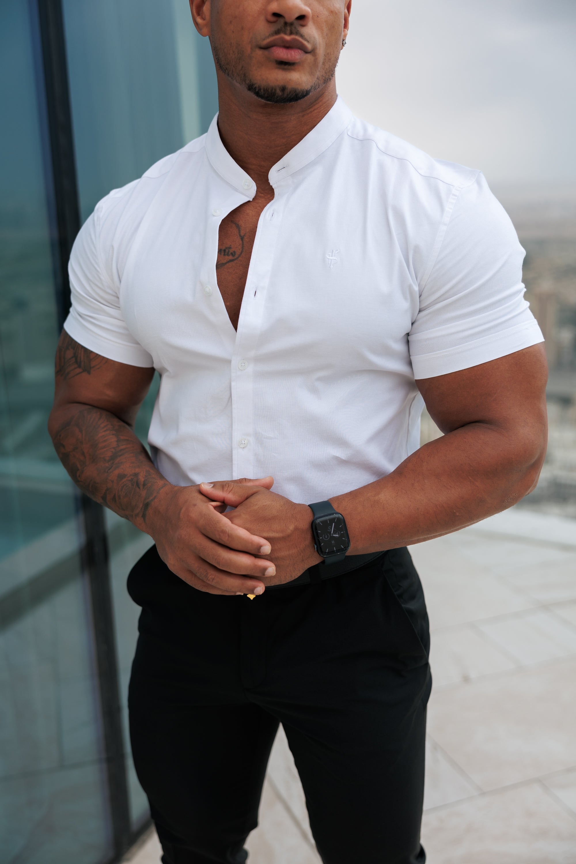 Super Slim Stretch Classic All White Grandad Collar Short Sleeve - FS580
