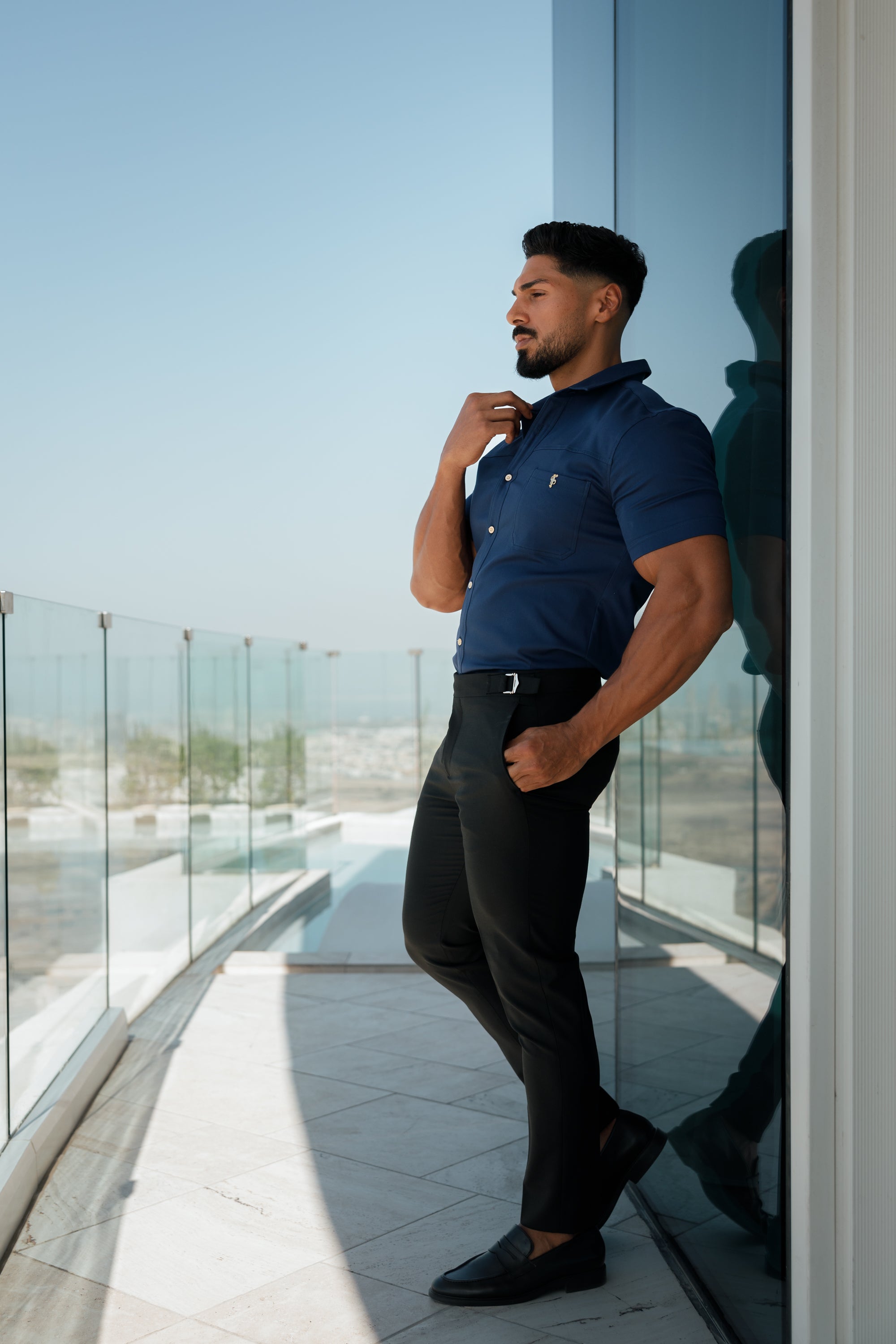 Super Slim Stretch Navy Denim Short Sleeve with Horizontal Seam and Pocket- FS959