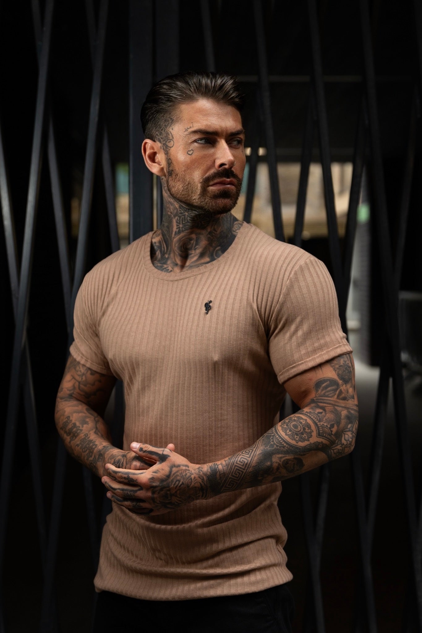 Classic Coffee / Black Ribbed Knit Super Slim Short Sleeve Crew T-Shirt - FSH1090