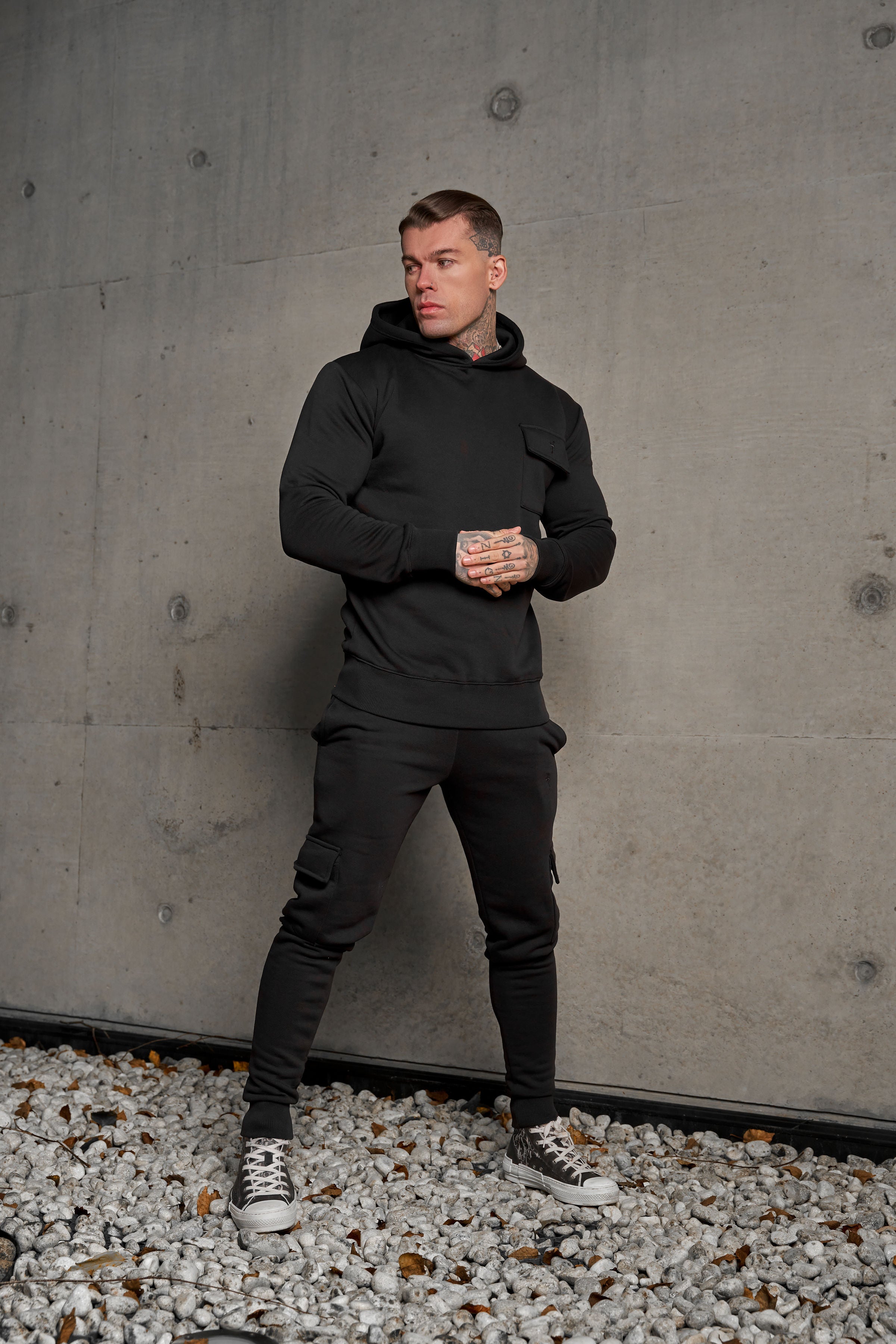 Black Cargo Hoodie With FS Embroidery - FSH929