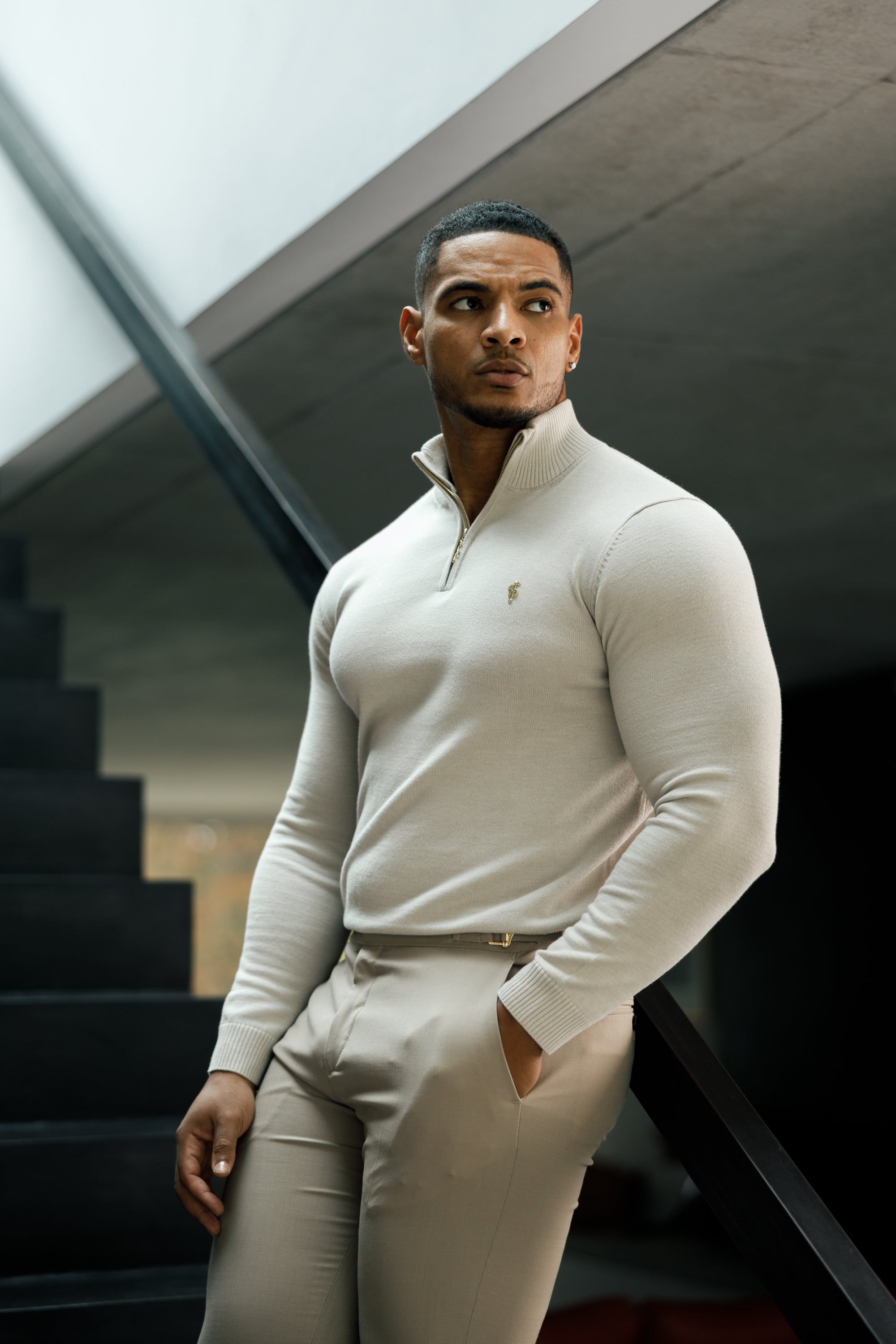 Beige Funnel Neck 1/2 Zip Knitted Jumper - FSN118