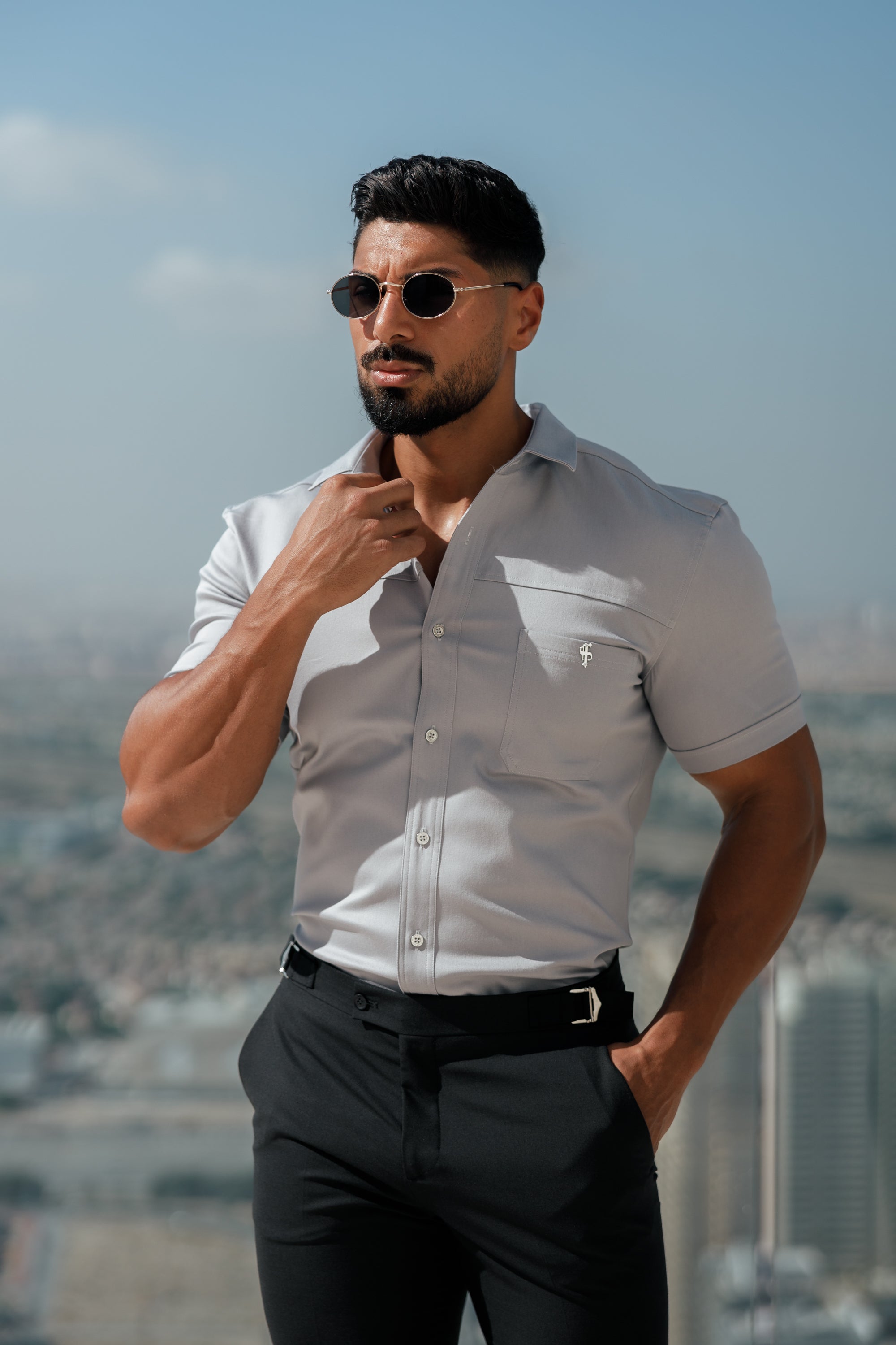 Super Slim Stretch Grey Denim Short Sleeve with Horizontal Seam and Pocket- FS960