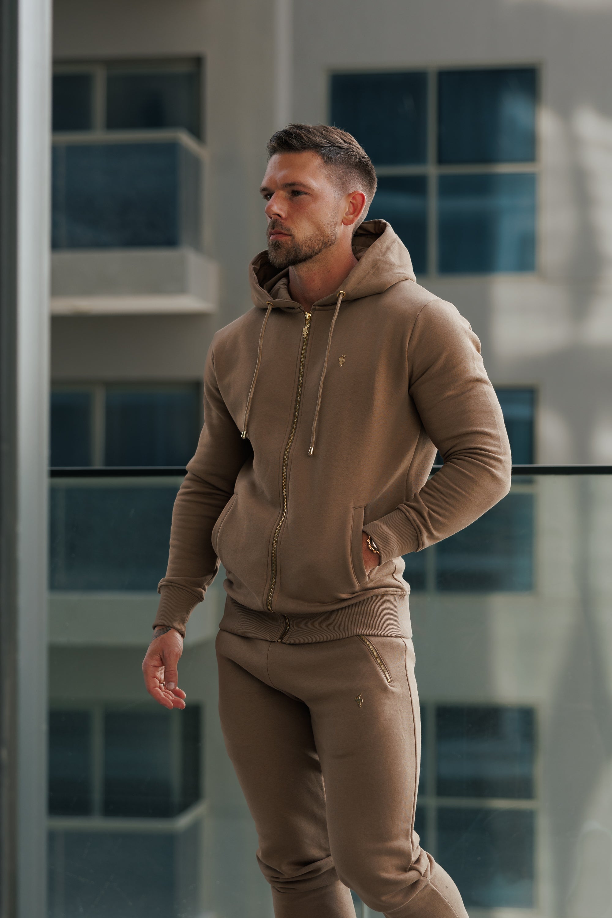 Taupe / Gold Full Zip Hoodie with Pockets - FSH1248