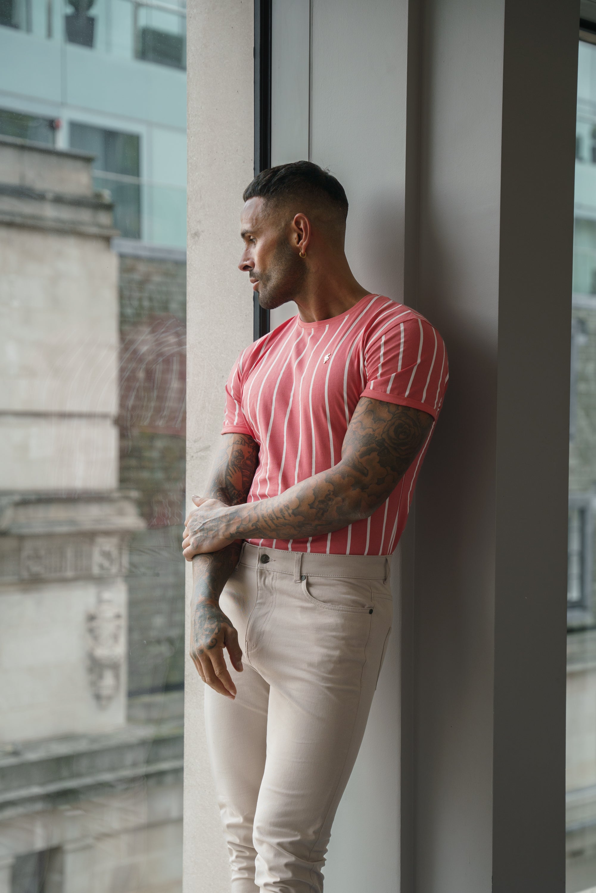 Printed Coral / White Stripe Fitted T Shirt - FSH1171