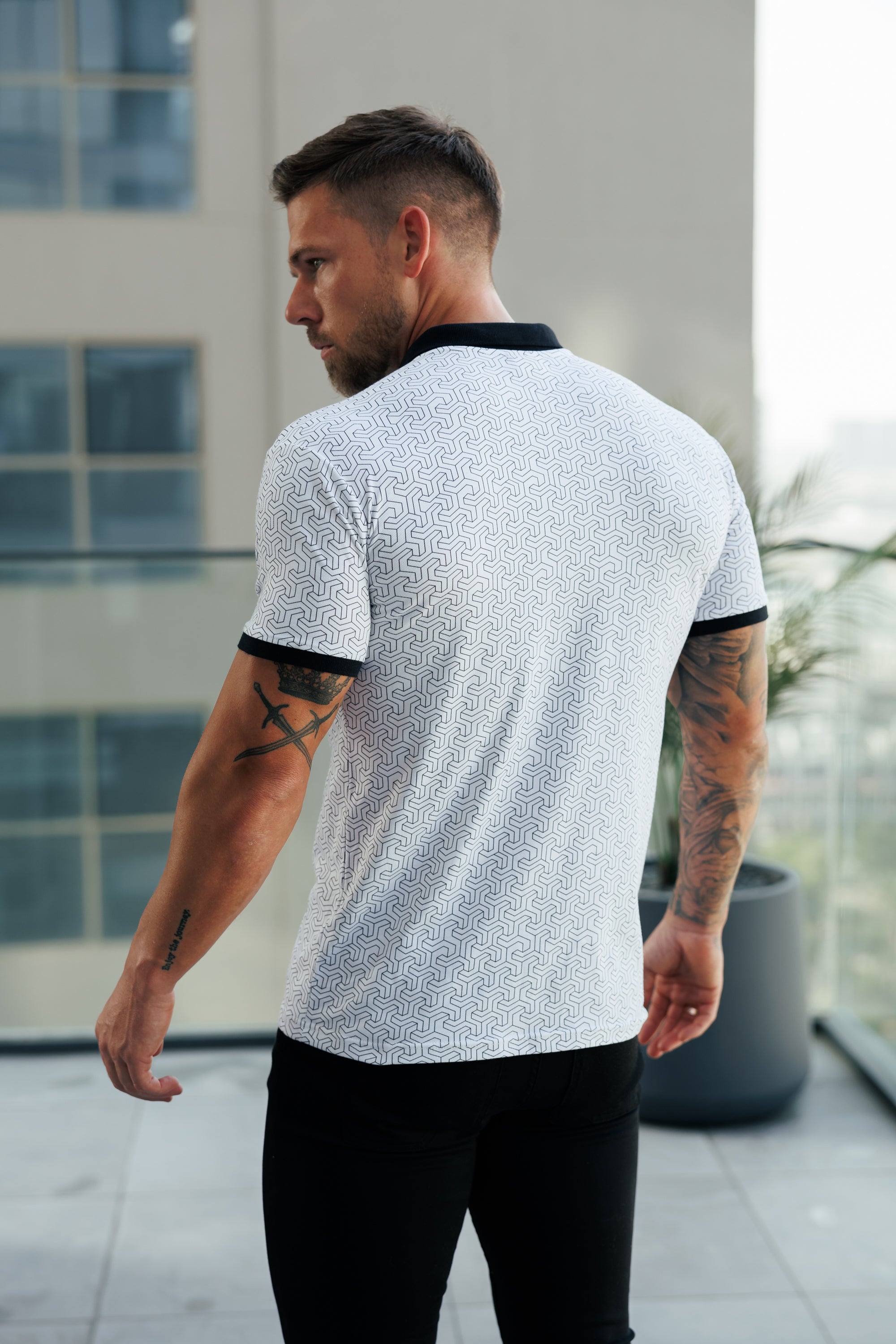 White / Black Geo Printed Polo Shirt - FSH1233