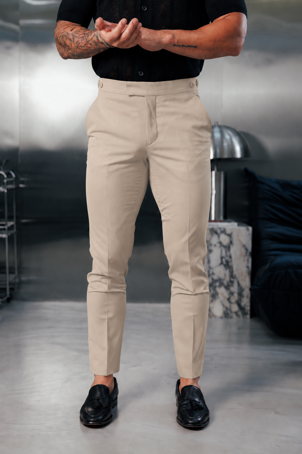 Tailored Formal New Beige Stretch Trousers with Elasticated Button Waist Adjuster - FST050