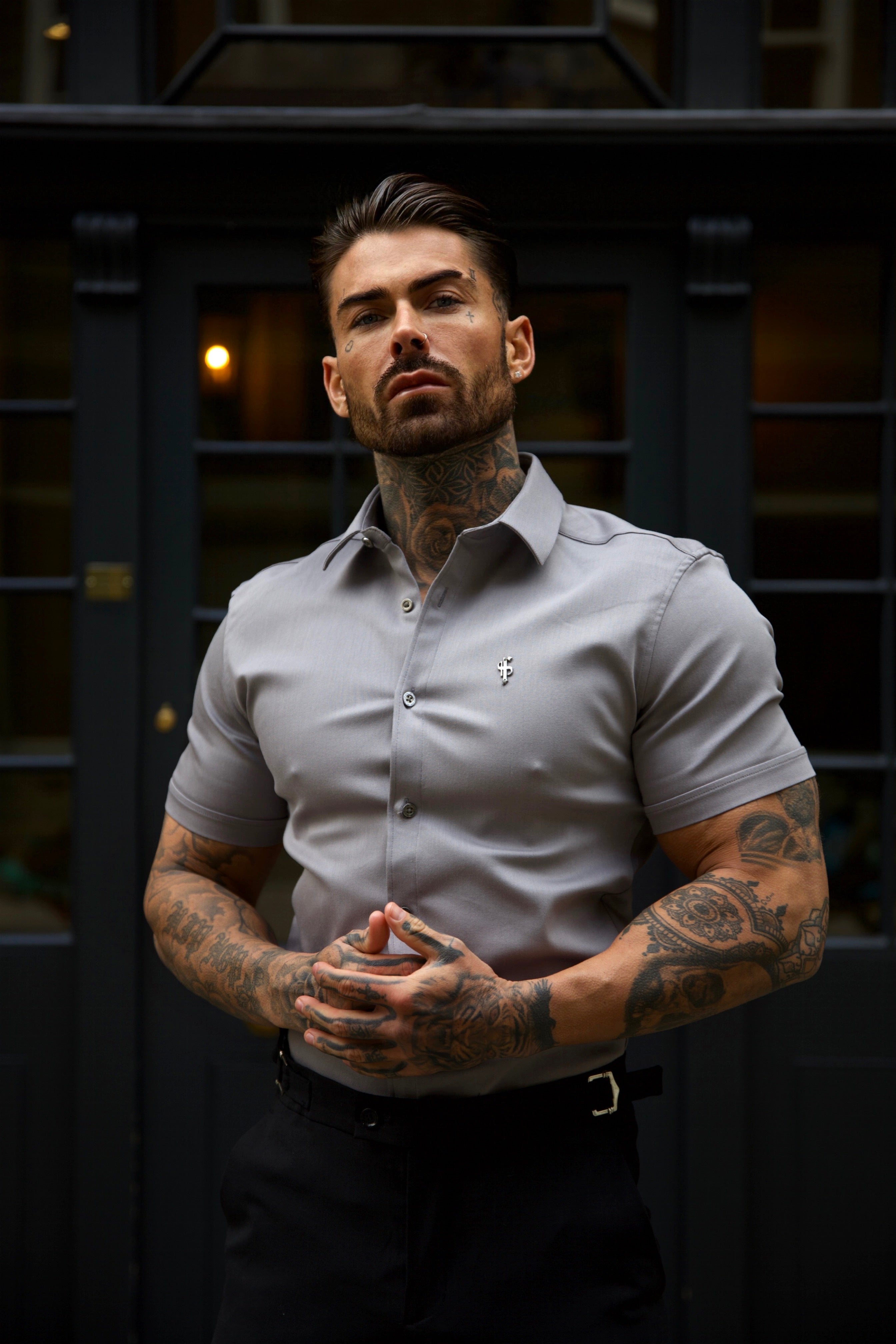 Super Slim Stretch Mid Grey Denim Short Sleeve With Metal Buttons and Decal - FS1023