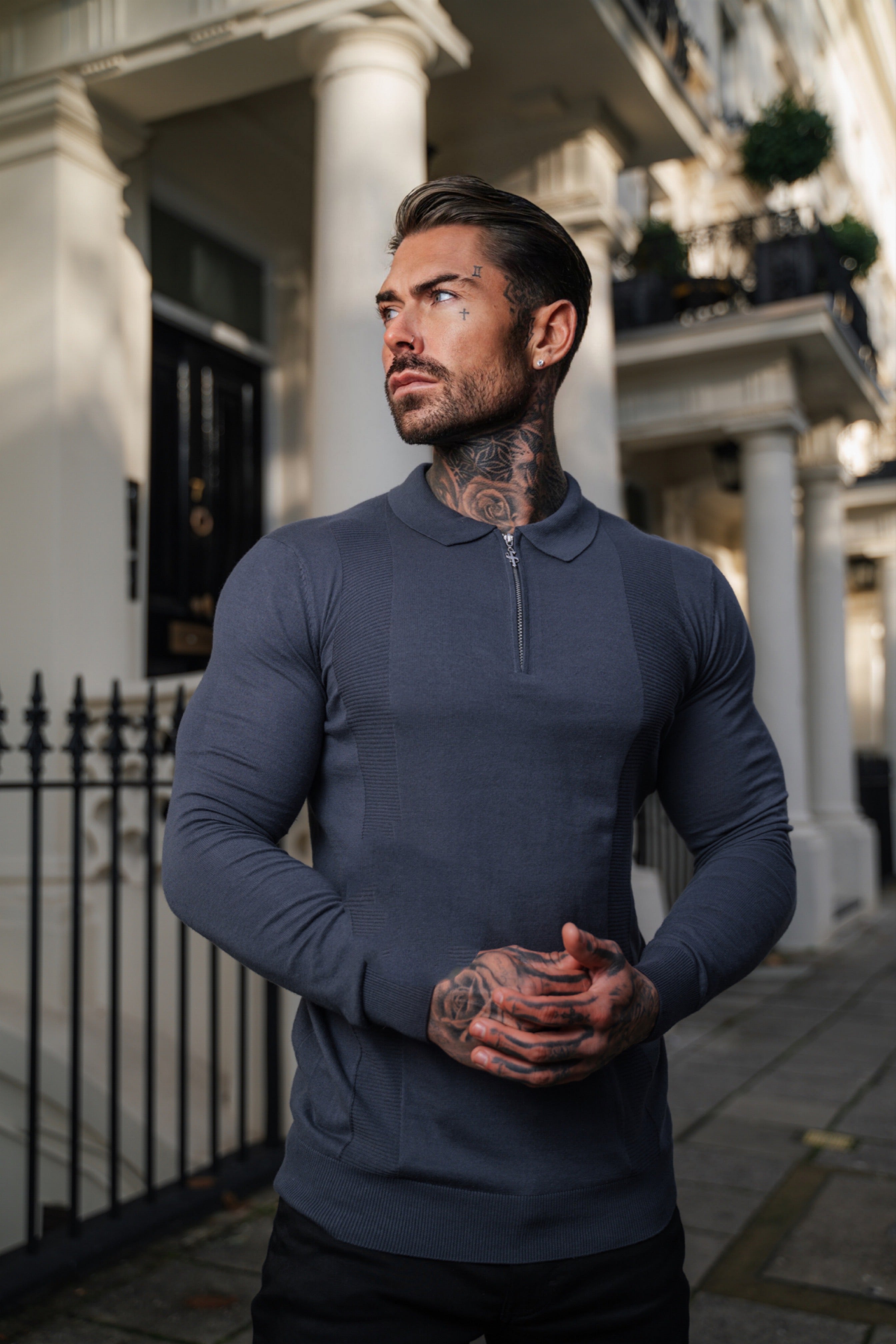 Classic Gunmetal and Silver Zip Knitted Polo Shirt Long Sleeve - FSN128