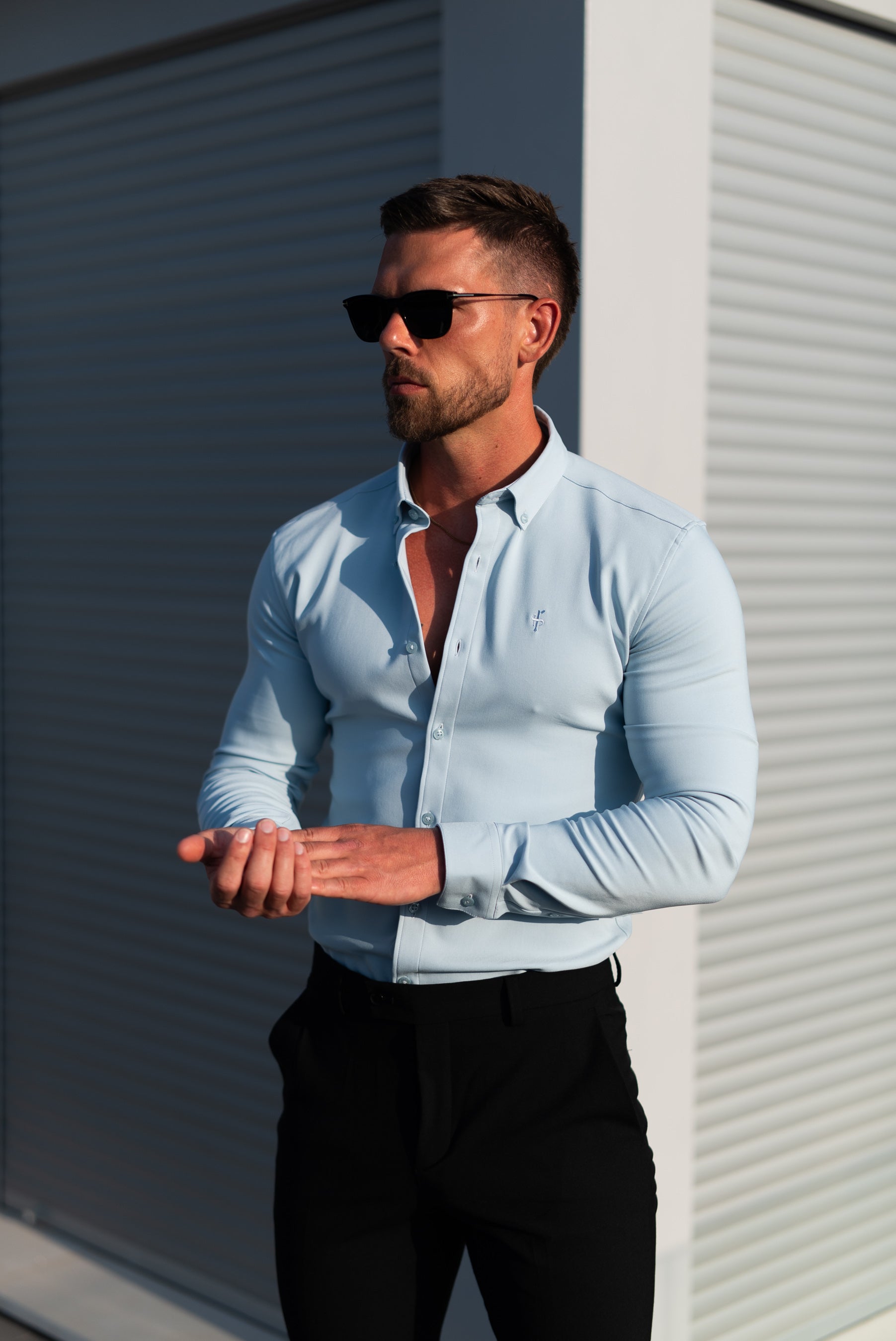 Super Slim LS Powder Blue Scuba with Button Down Collar - FS1120