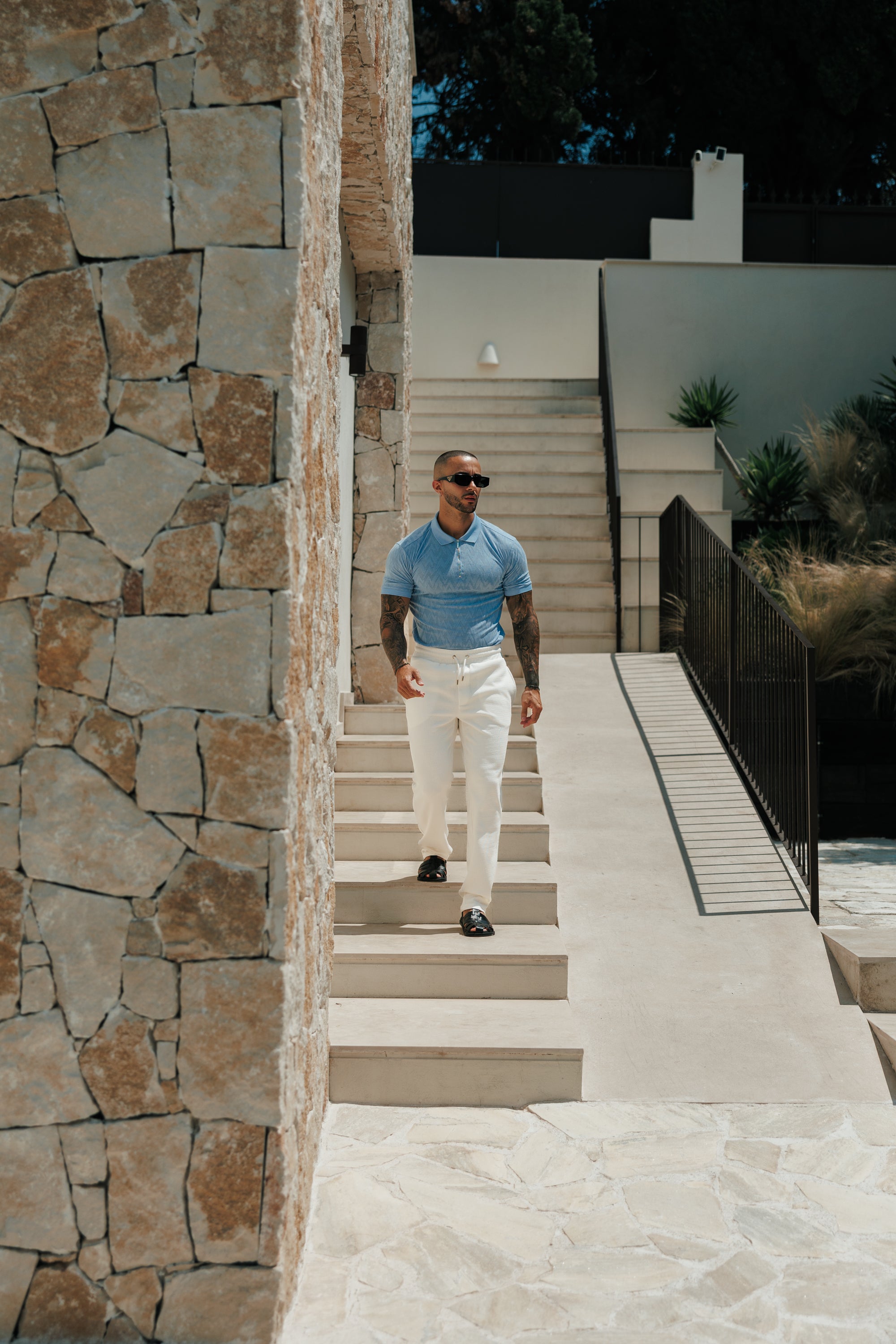 Classic Jacquard Baby Blue Chevron Zipped Polo - FSR061