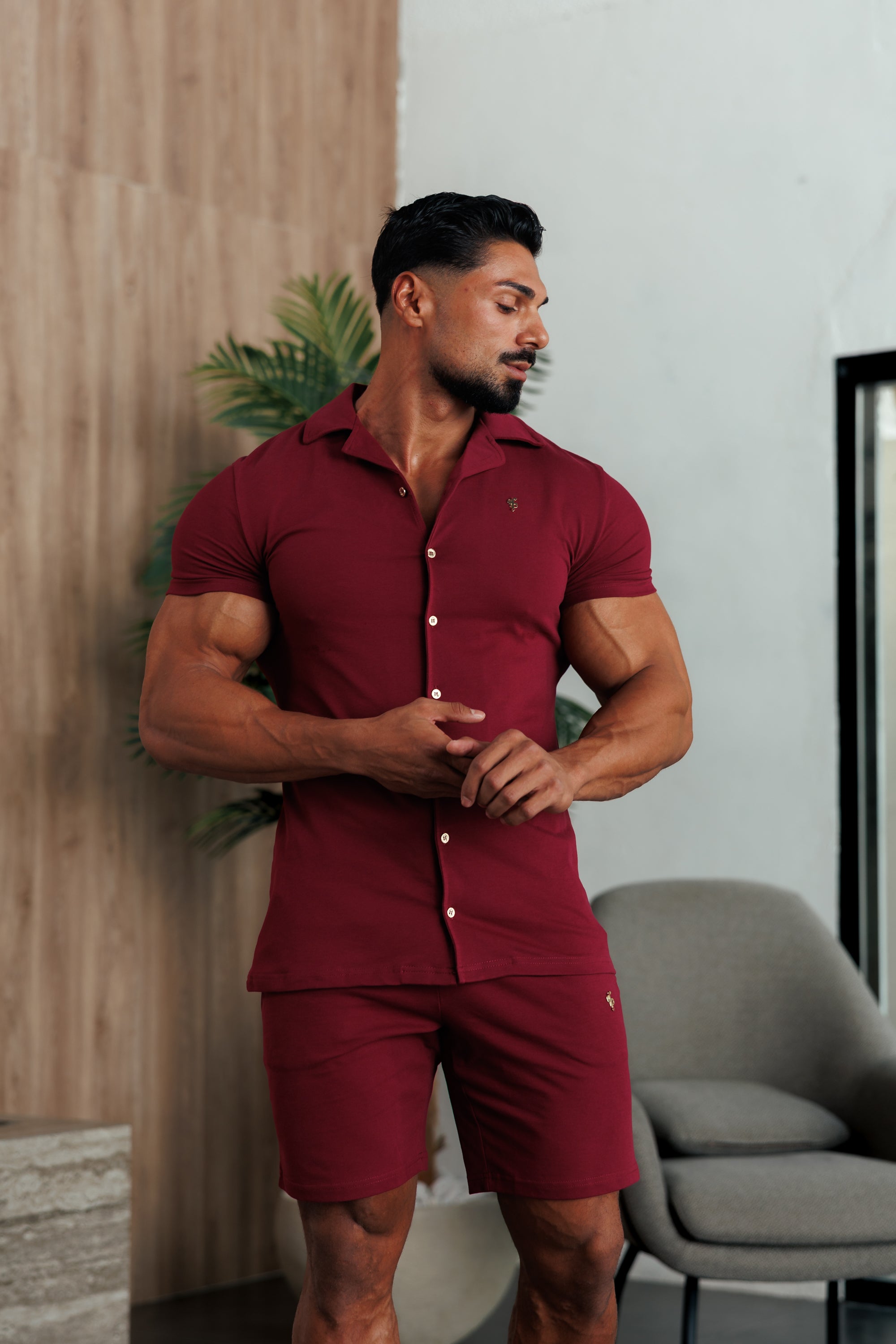 Stretch Wine / Gold Pique Revere Shirt Short Sleeve - FSH1388