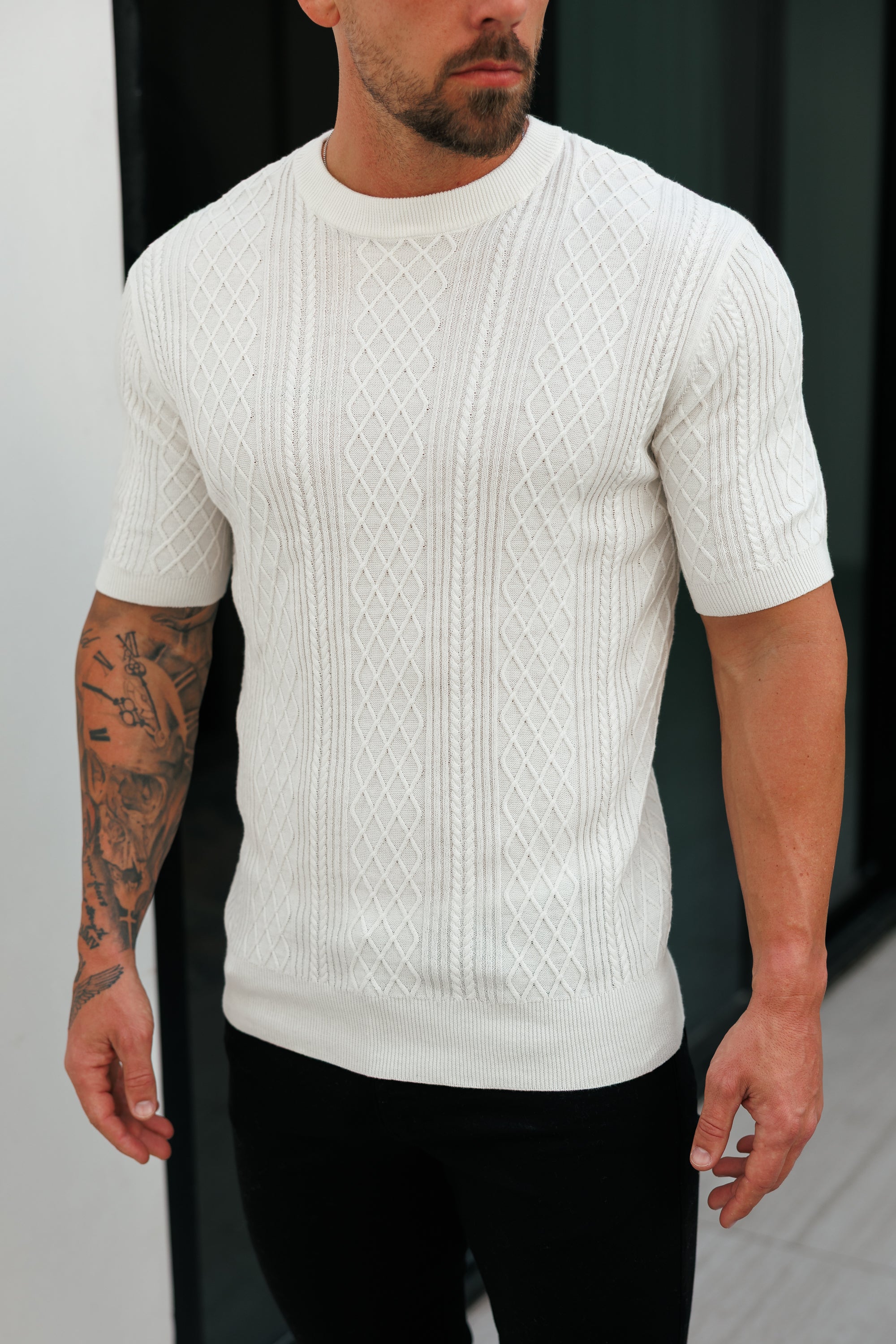 Fine Knit Diamond Off White Jumper Short Sleeve - FSA009
