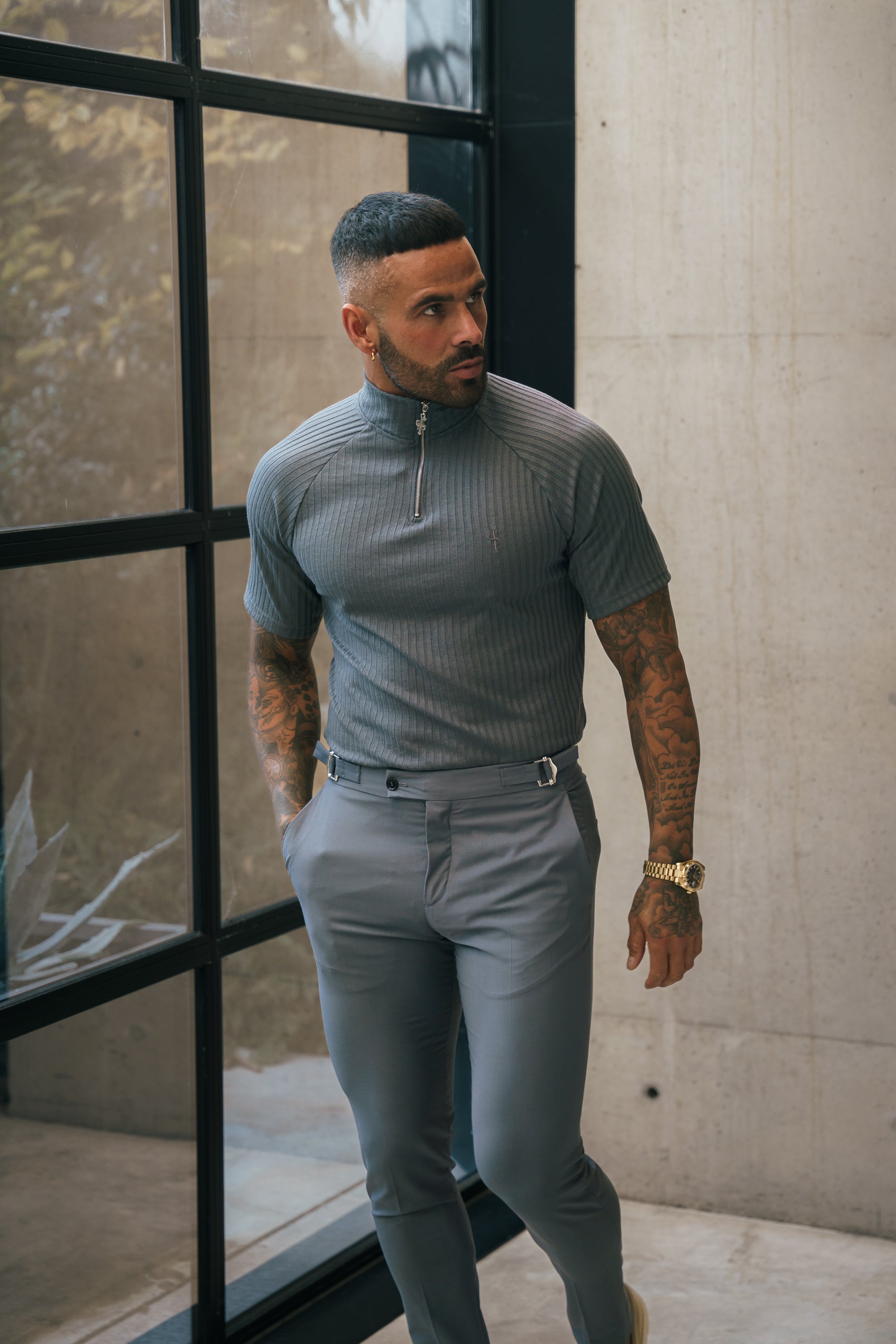 Classic Charcoal Ribbed Zip Funnel Neck Raglan Short Sleeve Crew - FSH1288