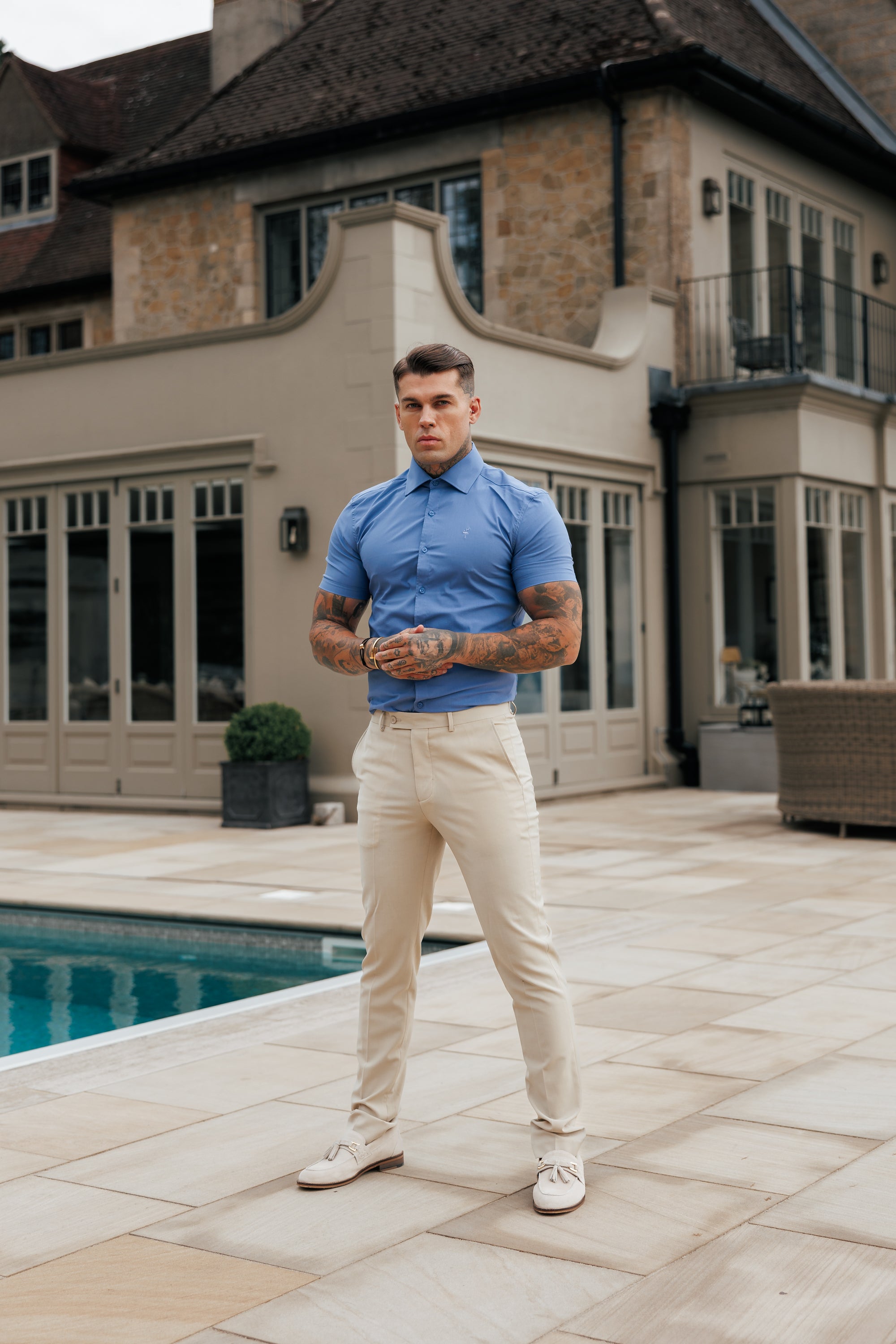 Muscle Fit Advanced Stretch Mid Blue Short Sleeve with Cutaway Collar - FS1203