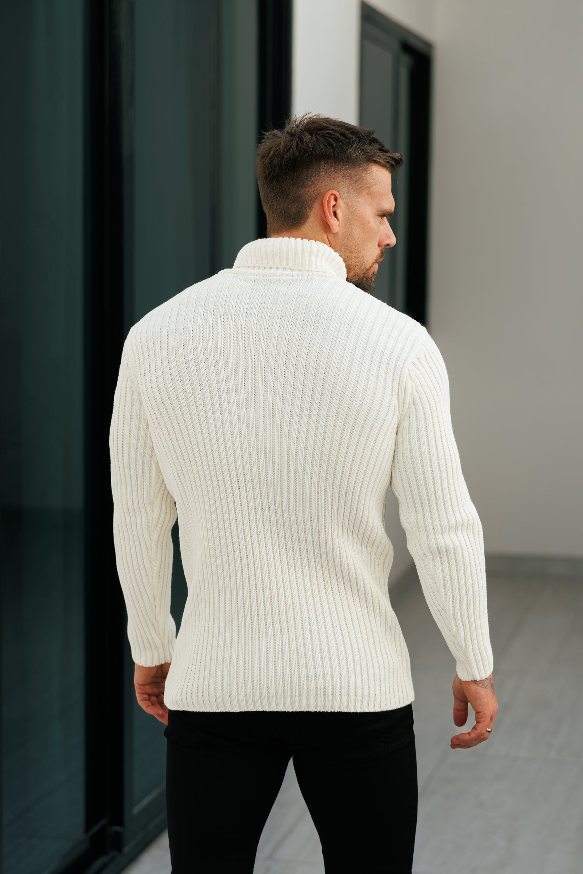 Ribbed Knit Cream Roll Neck Jumper - FSJ114