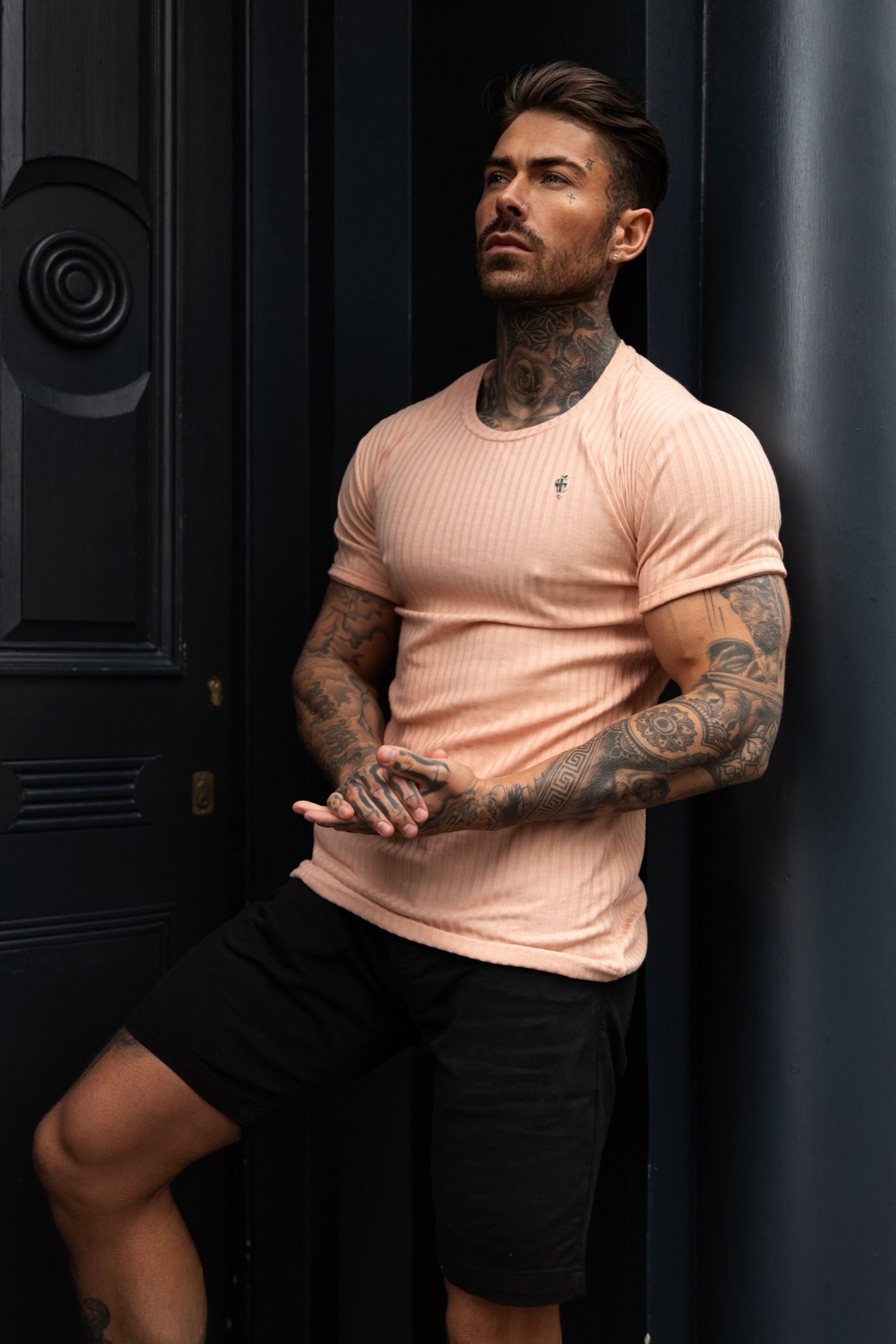 Classic Peach / Silver Ribbed Knit Super Slim Short Sleeve Crew - FSH1093