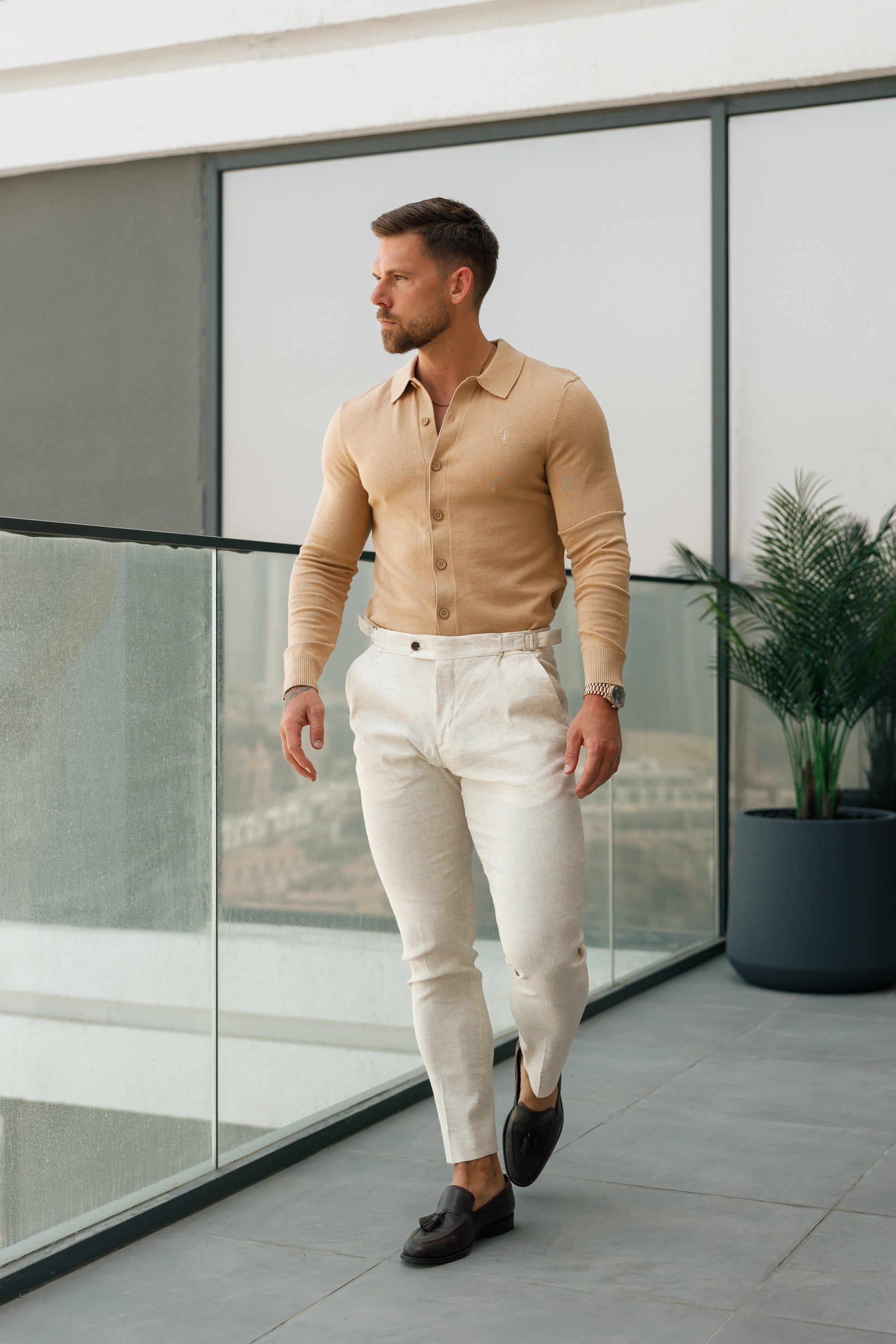 Classic Plain Coffee Knitted Button Through Polo Long Sleeve - FSN171