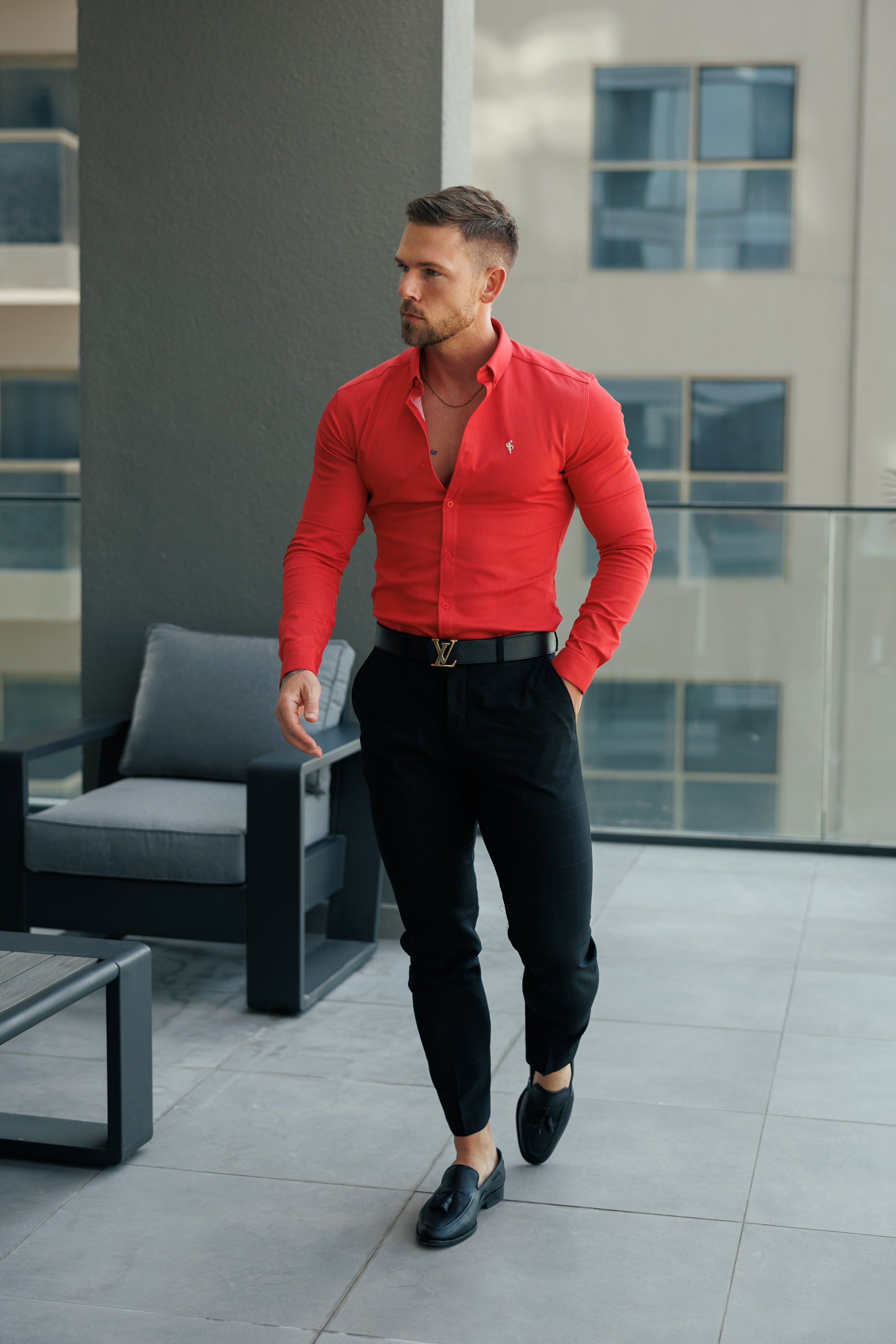 Super Slim Stretch Postbox Red Denim Long Sleeve with Button Down Collar - FS1134