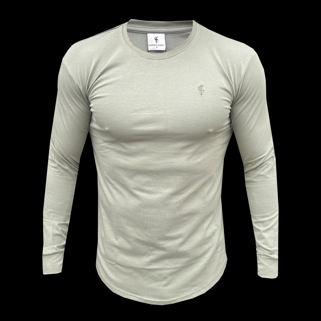 Classic Olive Tonal Curved Hem Long Sleeve Crew T Shirt - FSH1003
