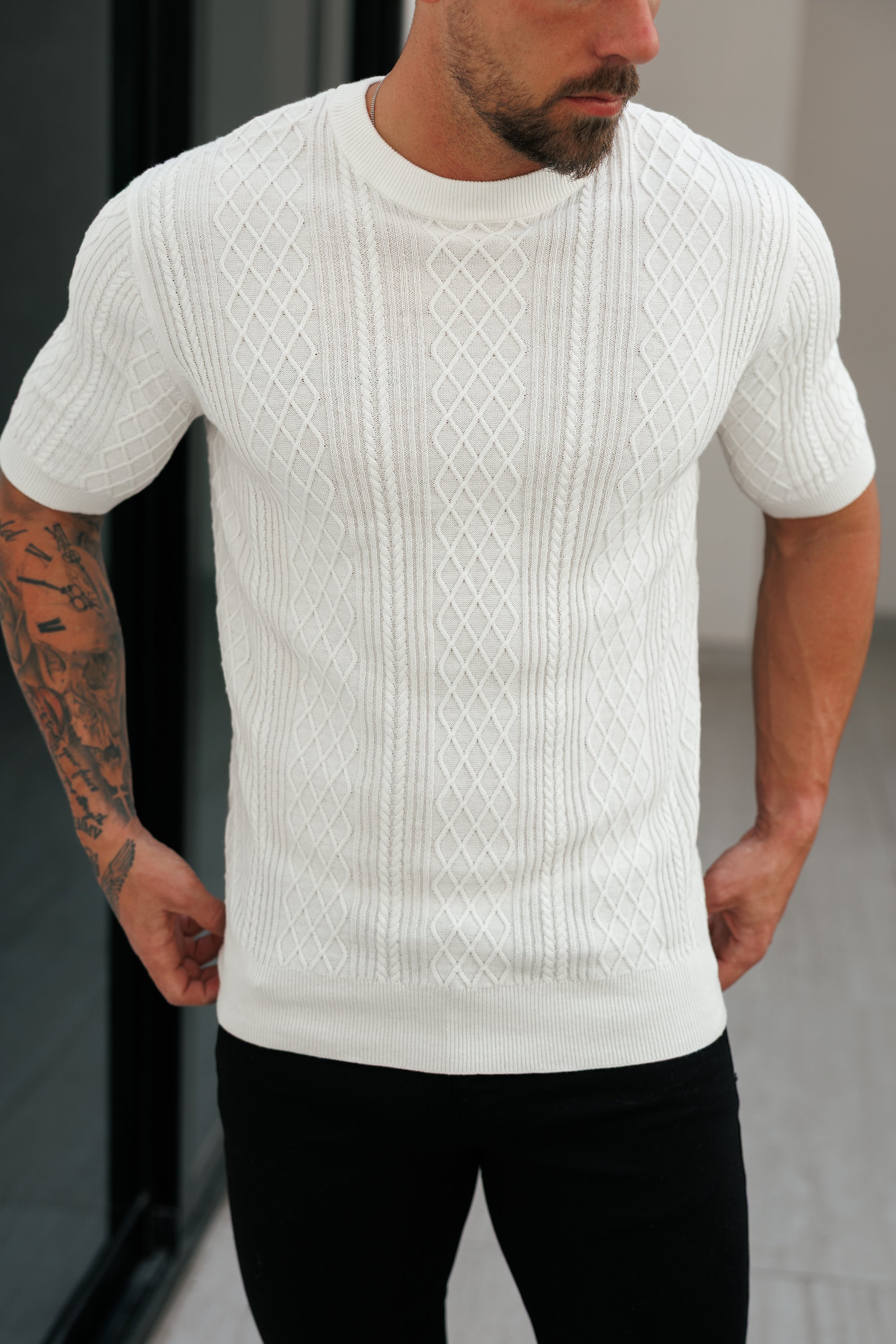 Fine Knit Diamond Off White Jumper Short Sleeve - FSA009