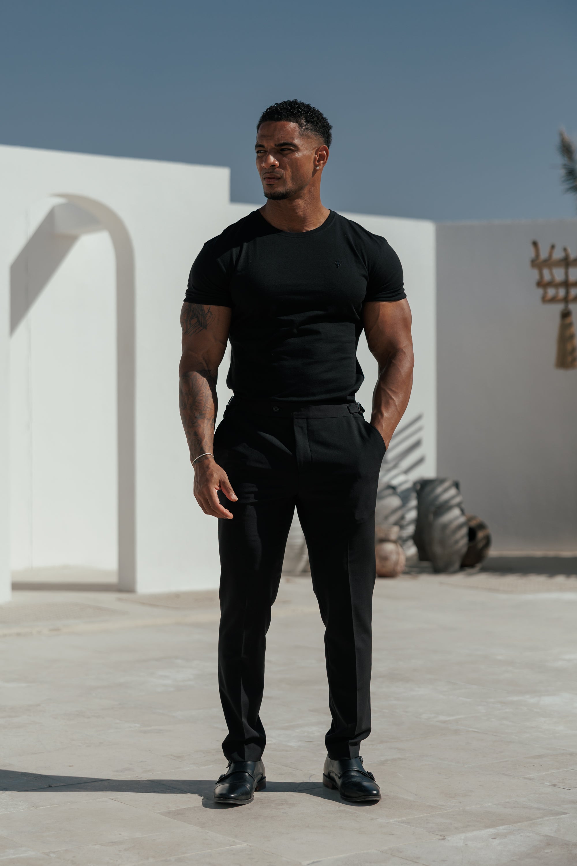 Black Crew Tshirt with Black Metal Emblem Decal FSH1454