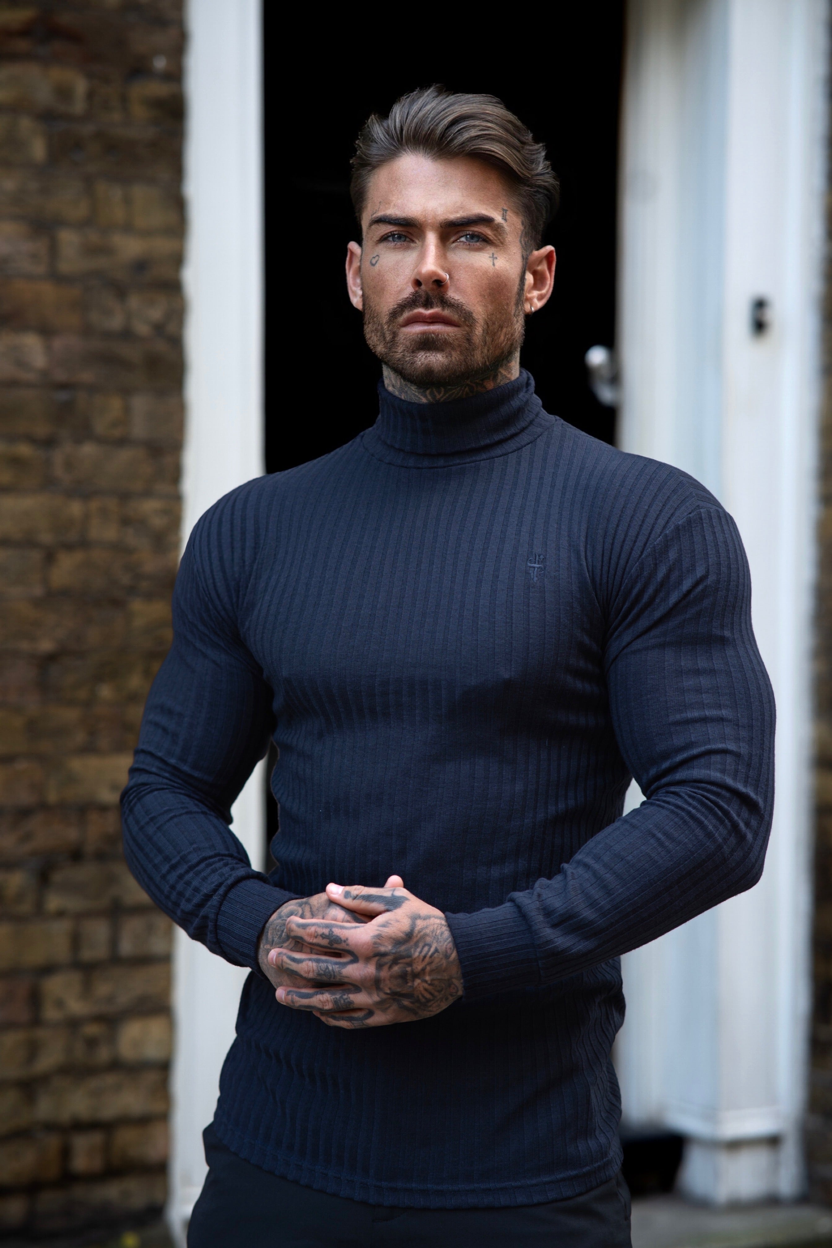 Classic Navy Ribbed Knit Roll-neck Jumper - FSH957